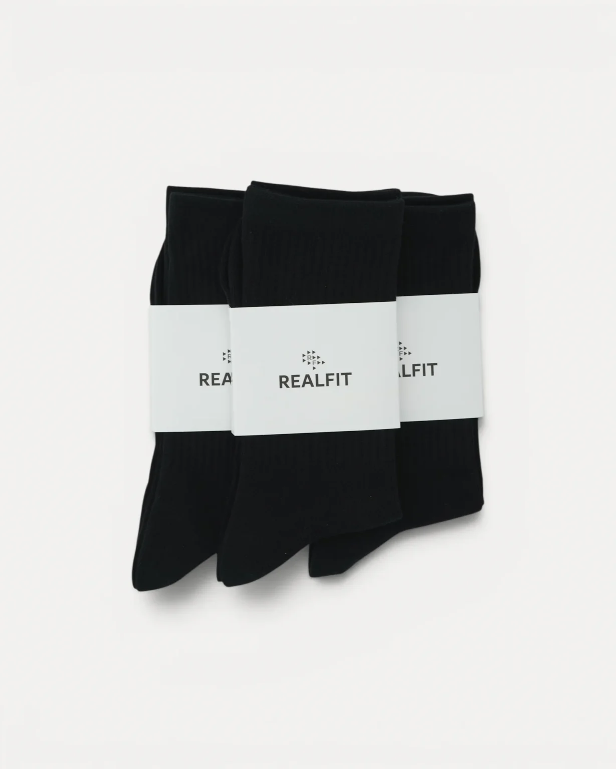 Realfit Crew Socks 3 Pack in Midnight Black with retail packaging