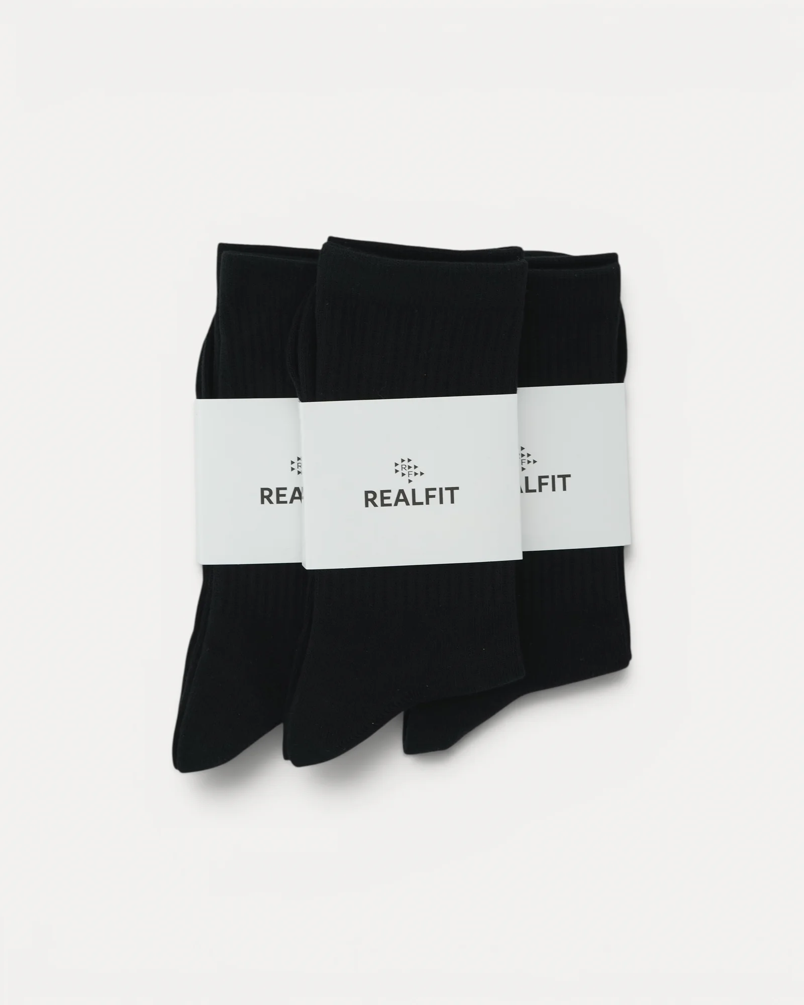 Realfit Crew Socks 3 Pack in Midnight Black with retail packaging
