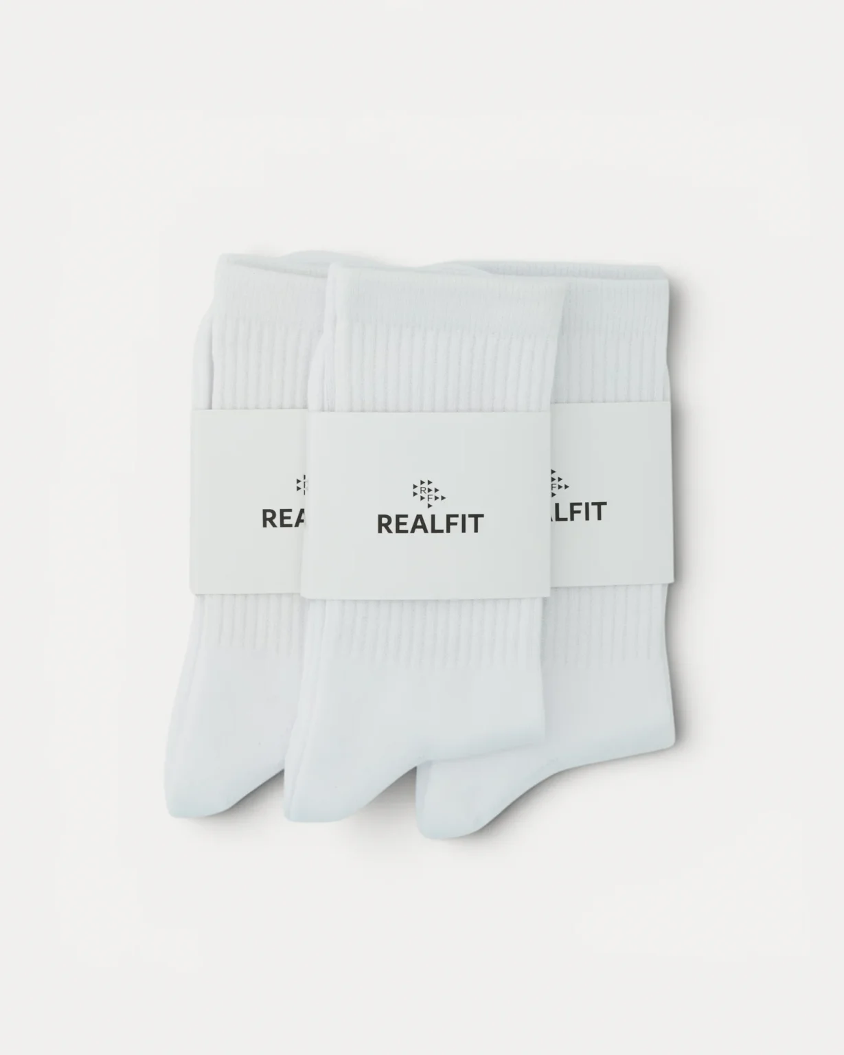 Realfit Crew Socks 3 Pack in Optic White with retail packaging