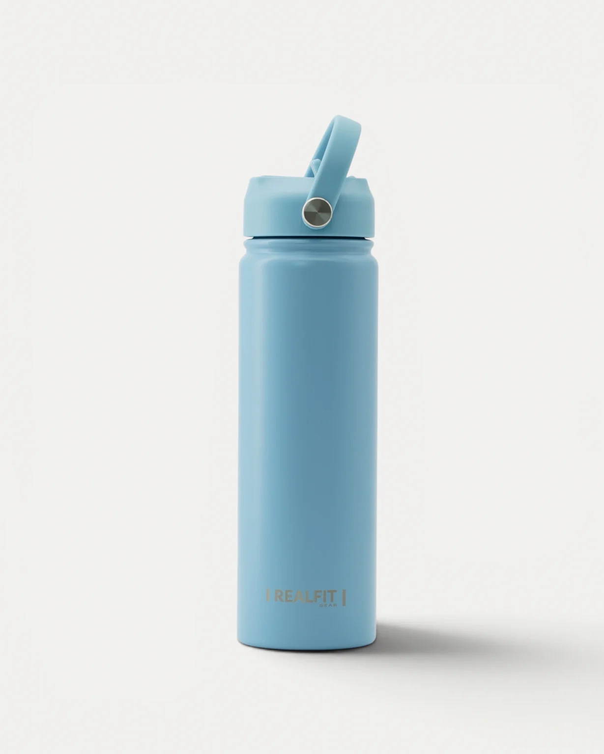 Rear view of Realfit Glacier Blue stainless steel water bottle