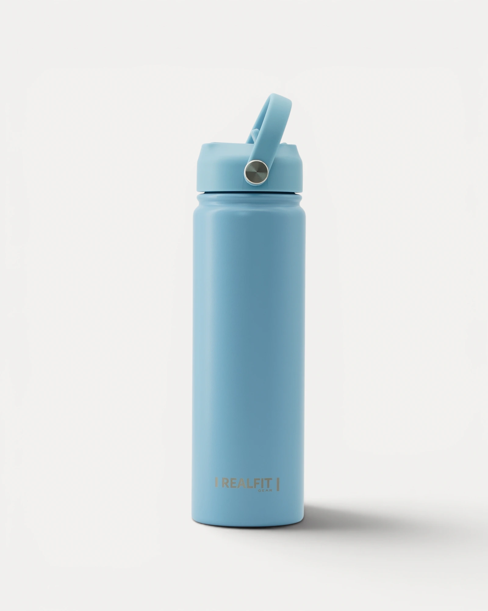 Rear view of Realfit Glacier Blue stainless steel water bottle