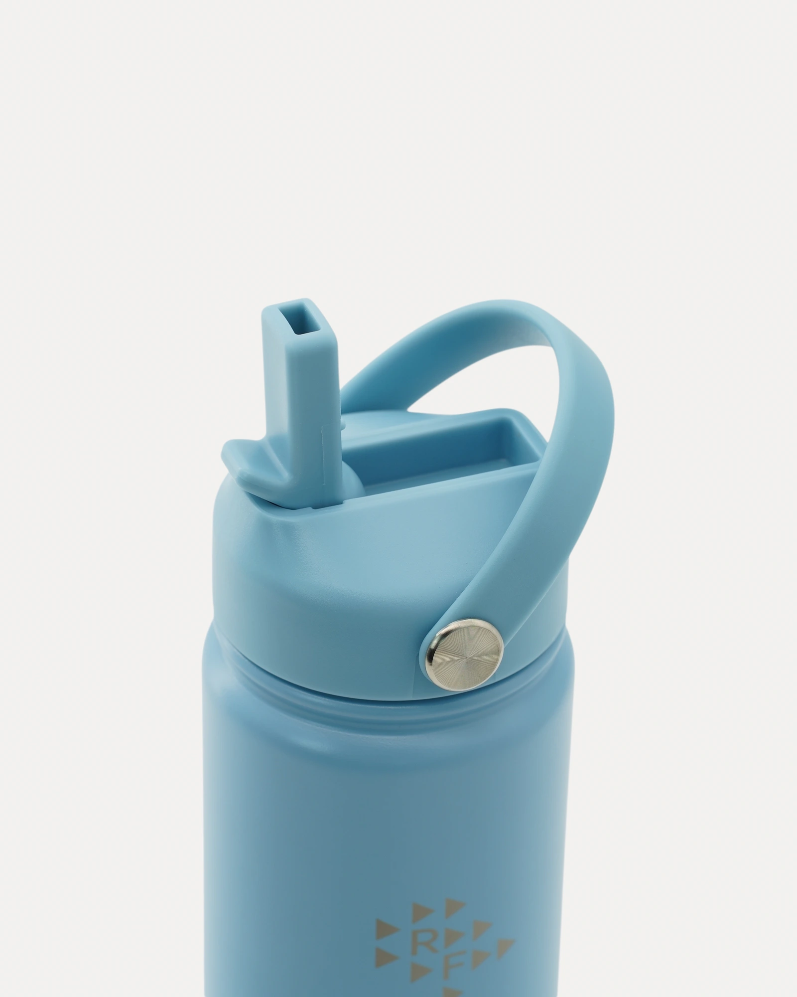 Realfit Glacier Blue water bottle with flip straw lid open