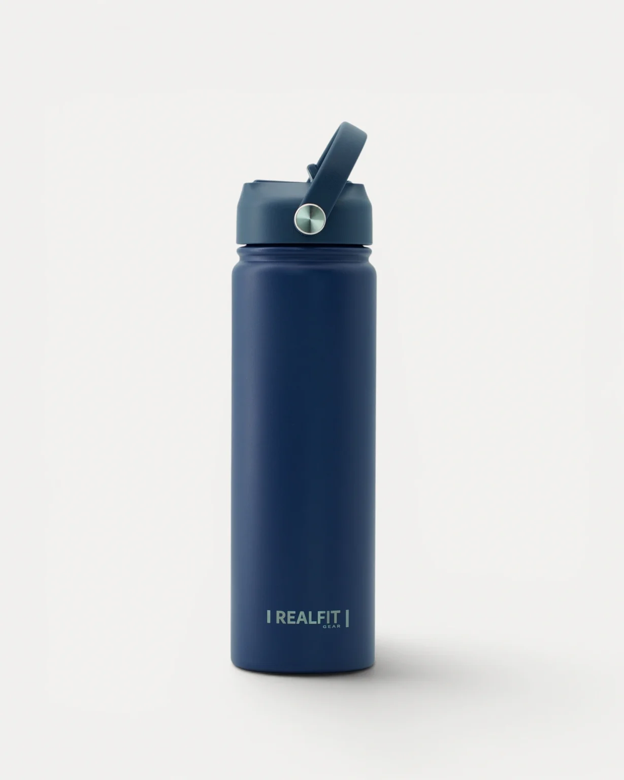 Rear view of Realfit Midnight Navy stainless steel water bottle