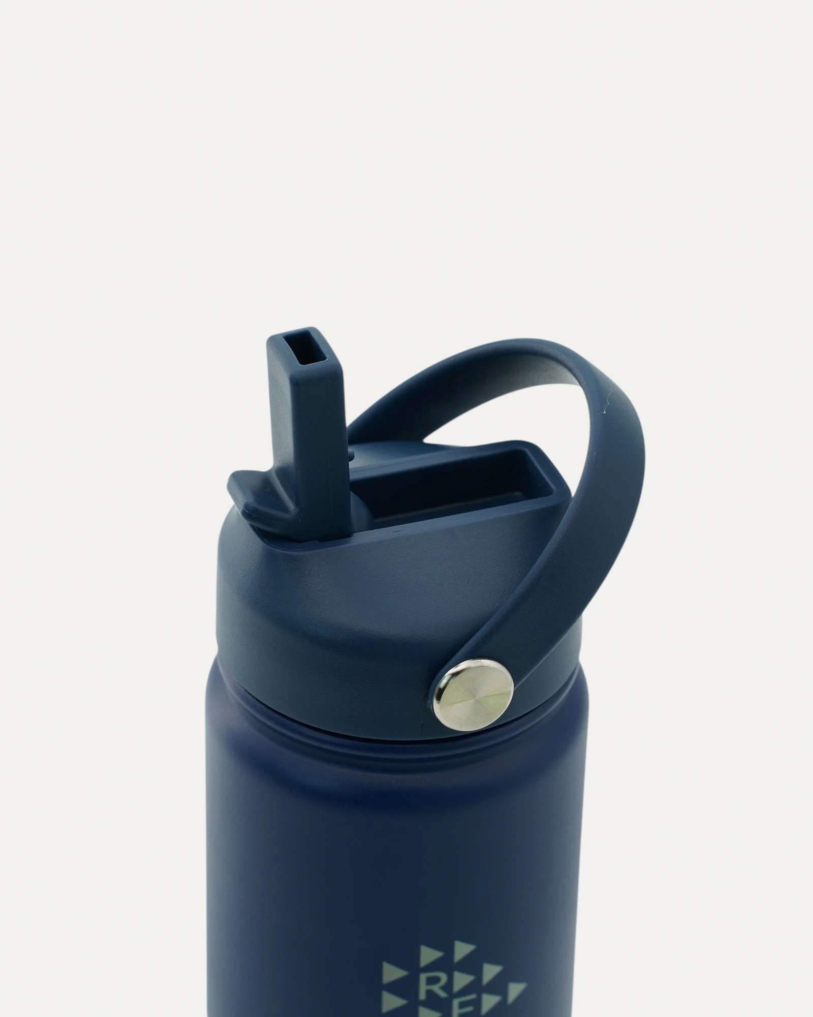 Realfit Midnight Navy water bottle with flip straw lid open