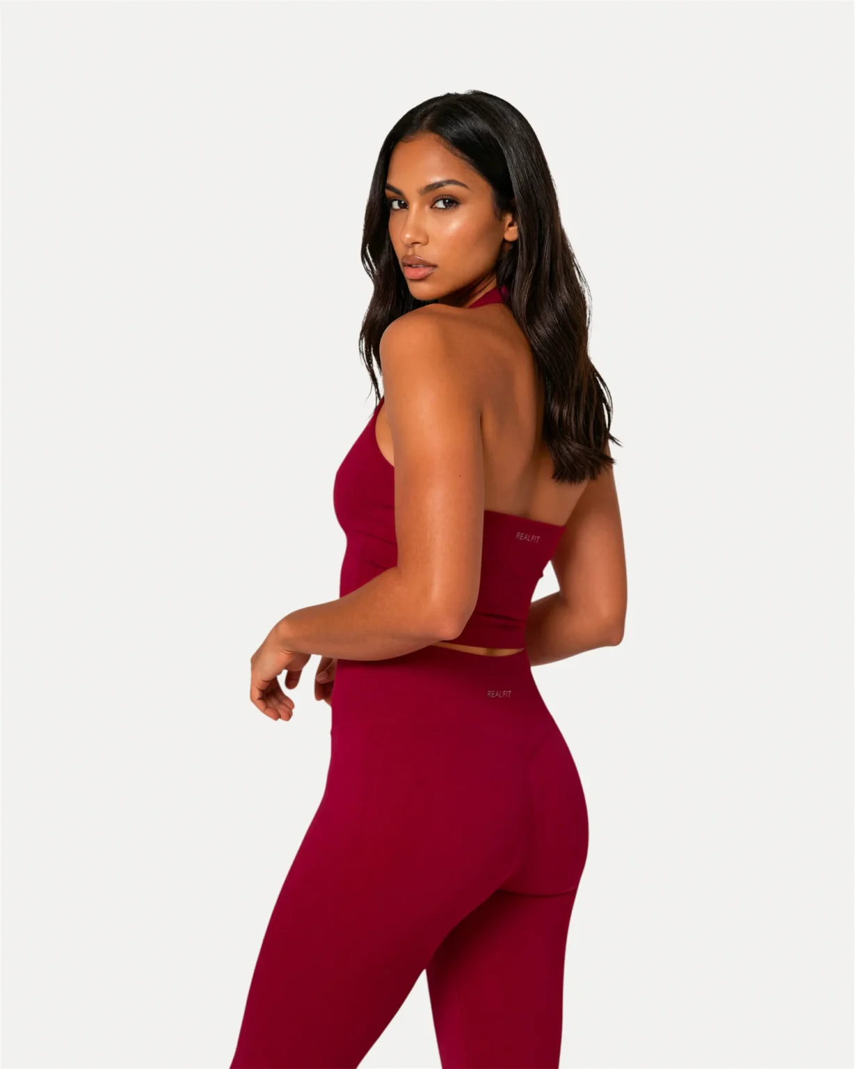 Back angled view of crimson Realfit Core Halter Tank top for women