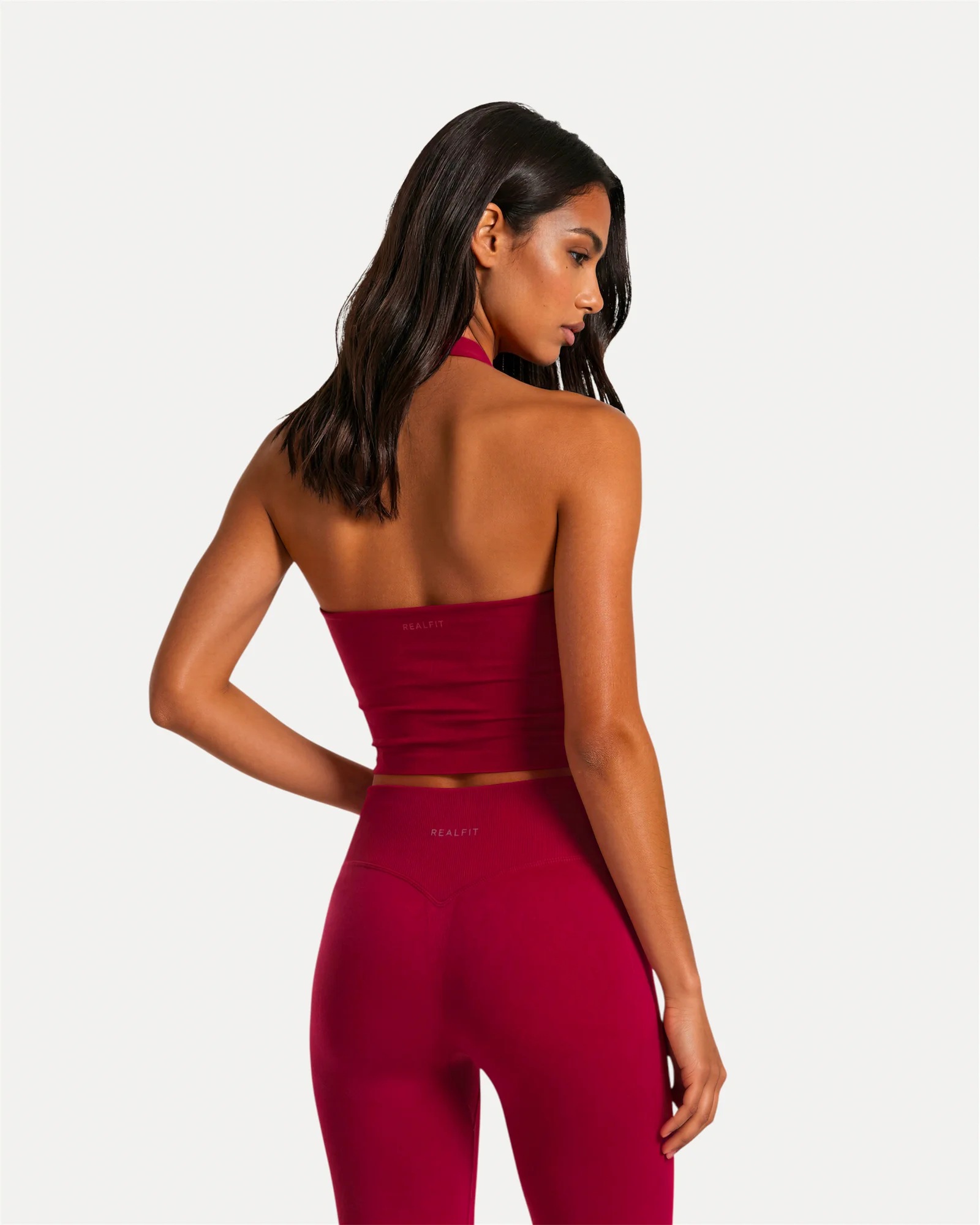 Back view of crimson Realfit Core Halter Tank top for women