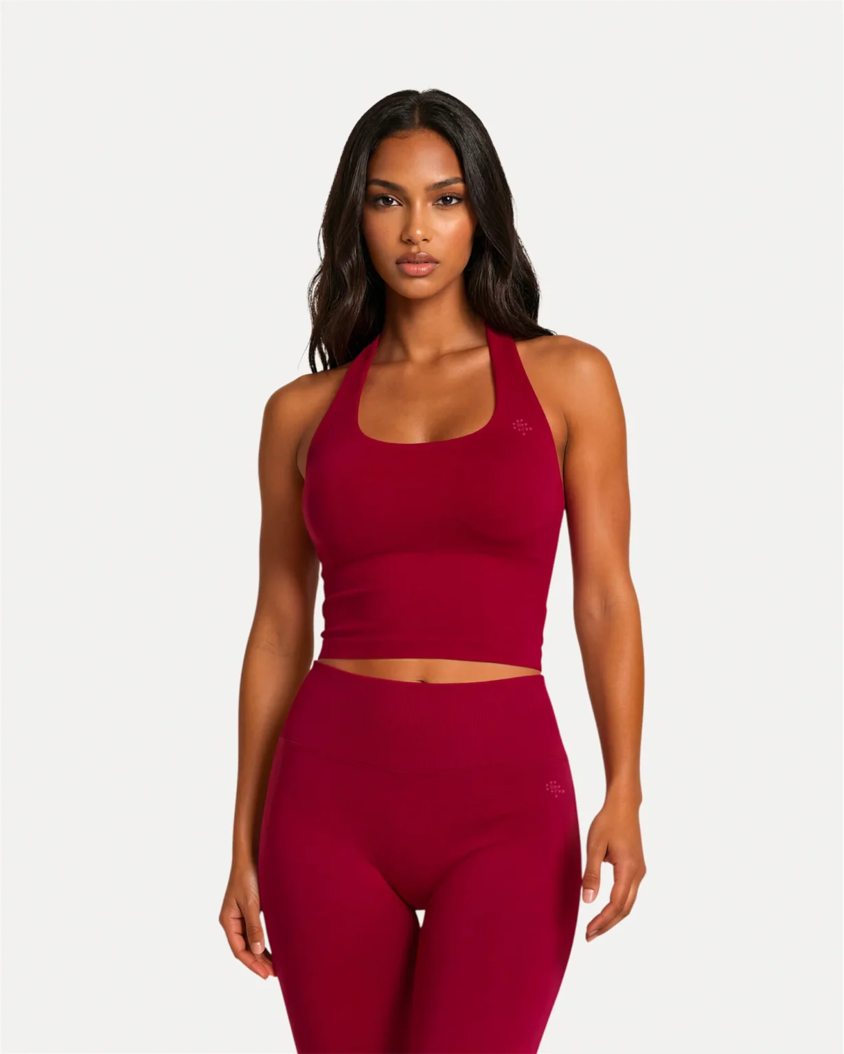Front view of crimson Realfit Core Halter Tank top for women