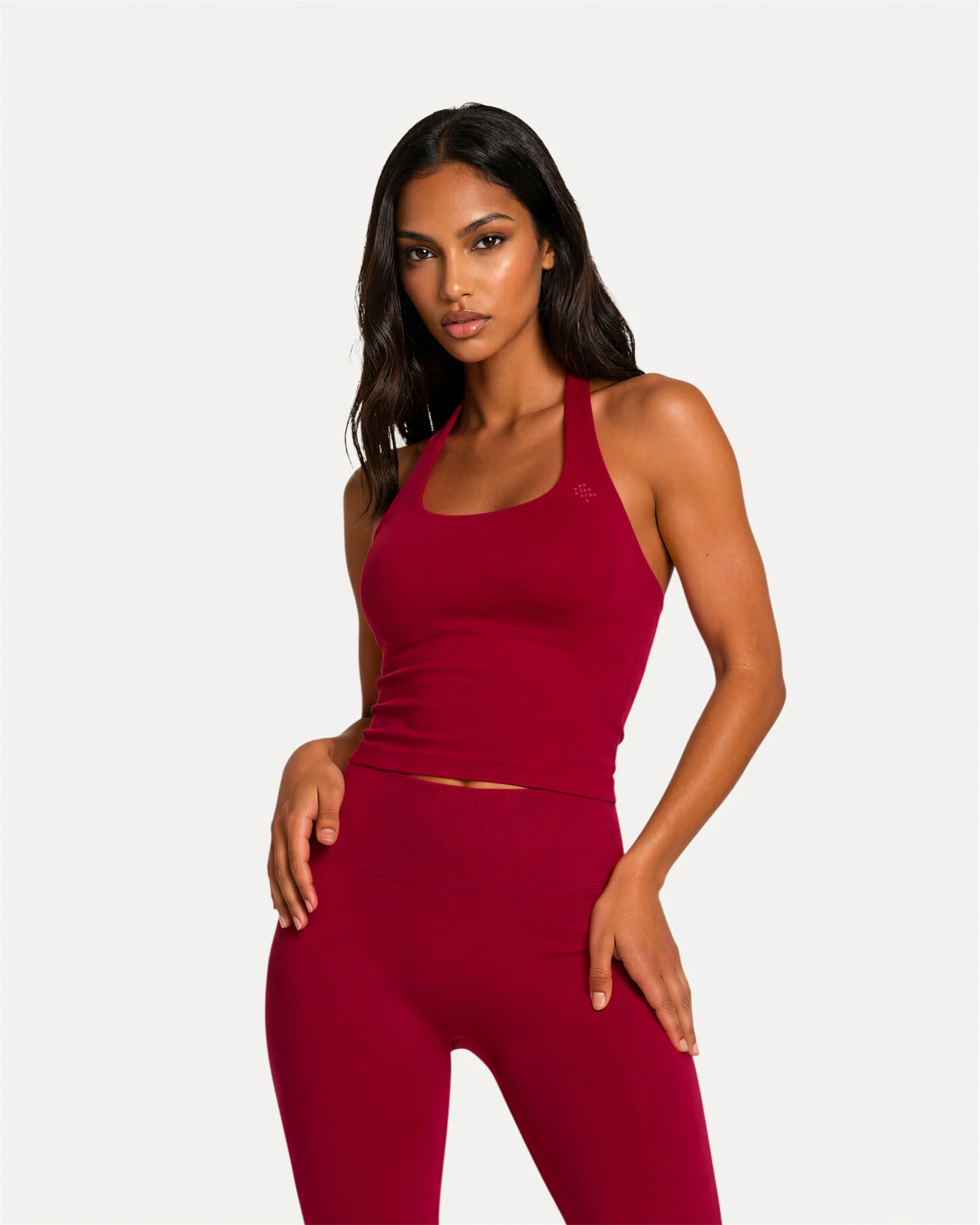 Front angled view of crimson Realfit Core Halter Tank top for women
