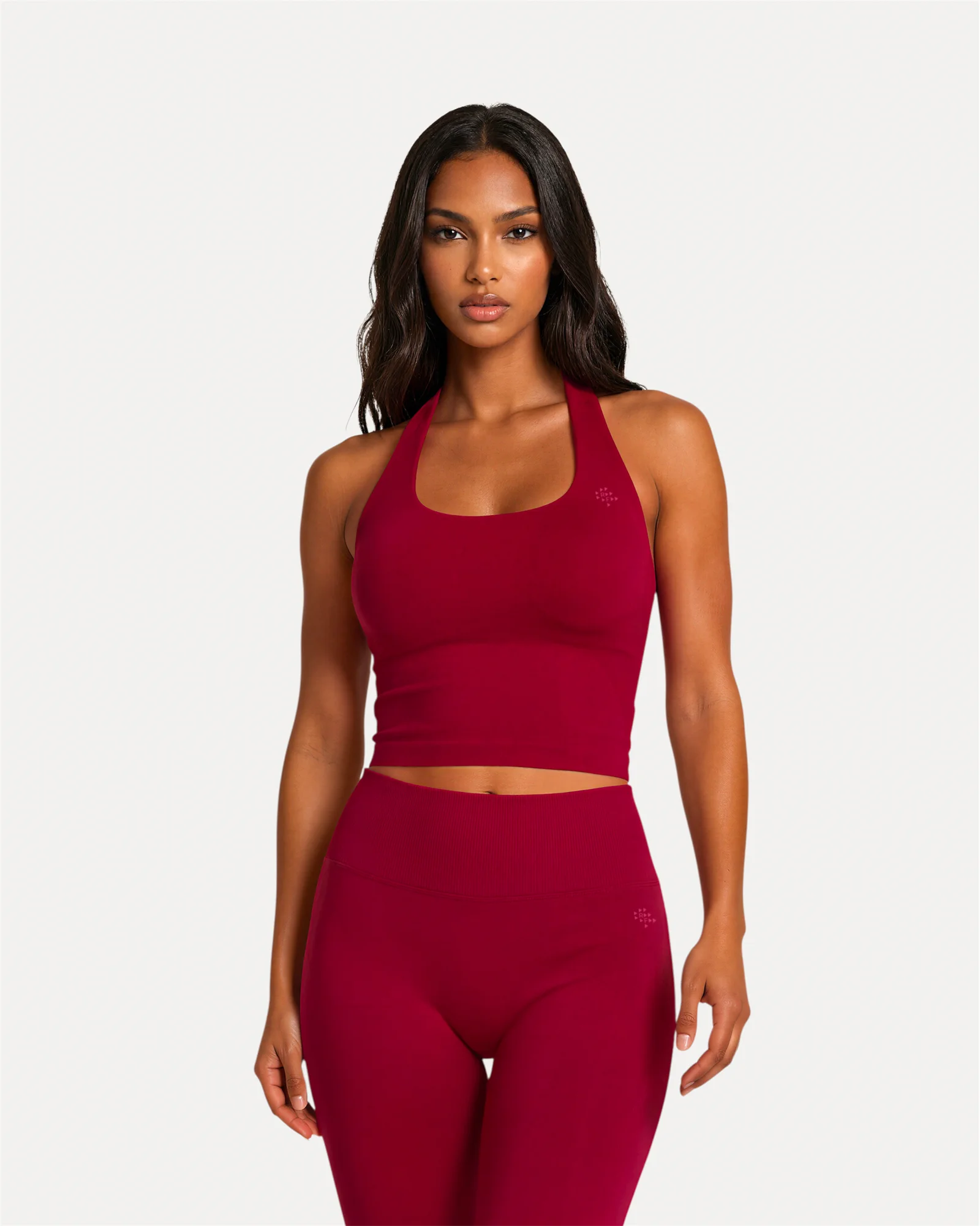 Front view of crimson Realfit Core Halter Tank top for women