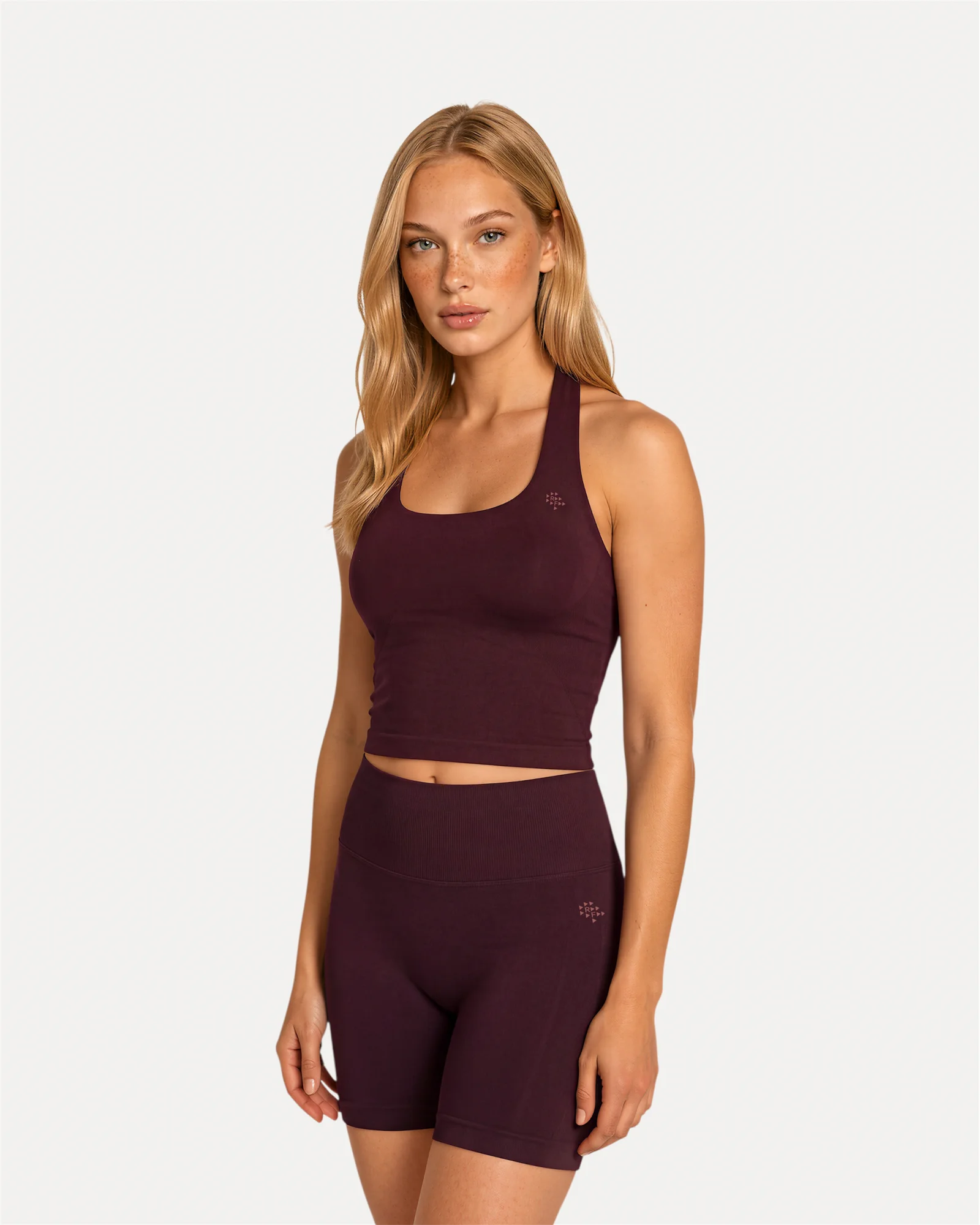 Front view of mulberry Realfit Core Halter Tank top for women