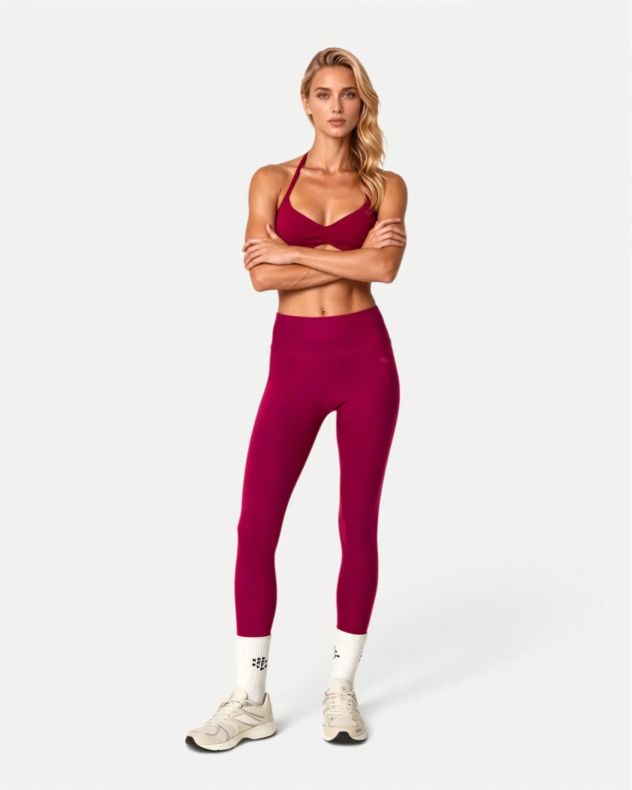 Front lifetyle view of crimson Realfit core leggings for women