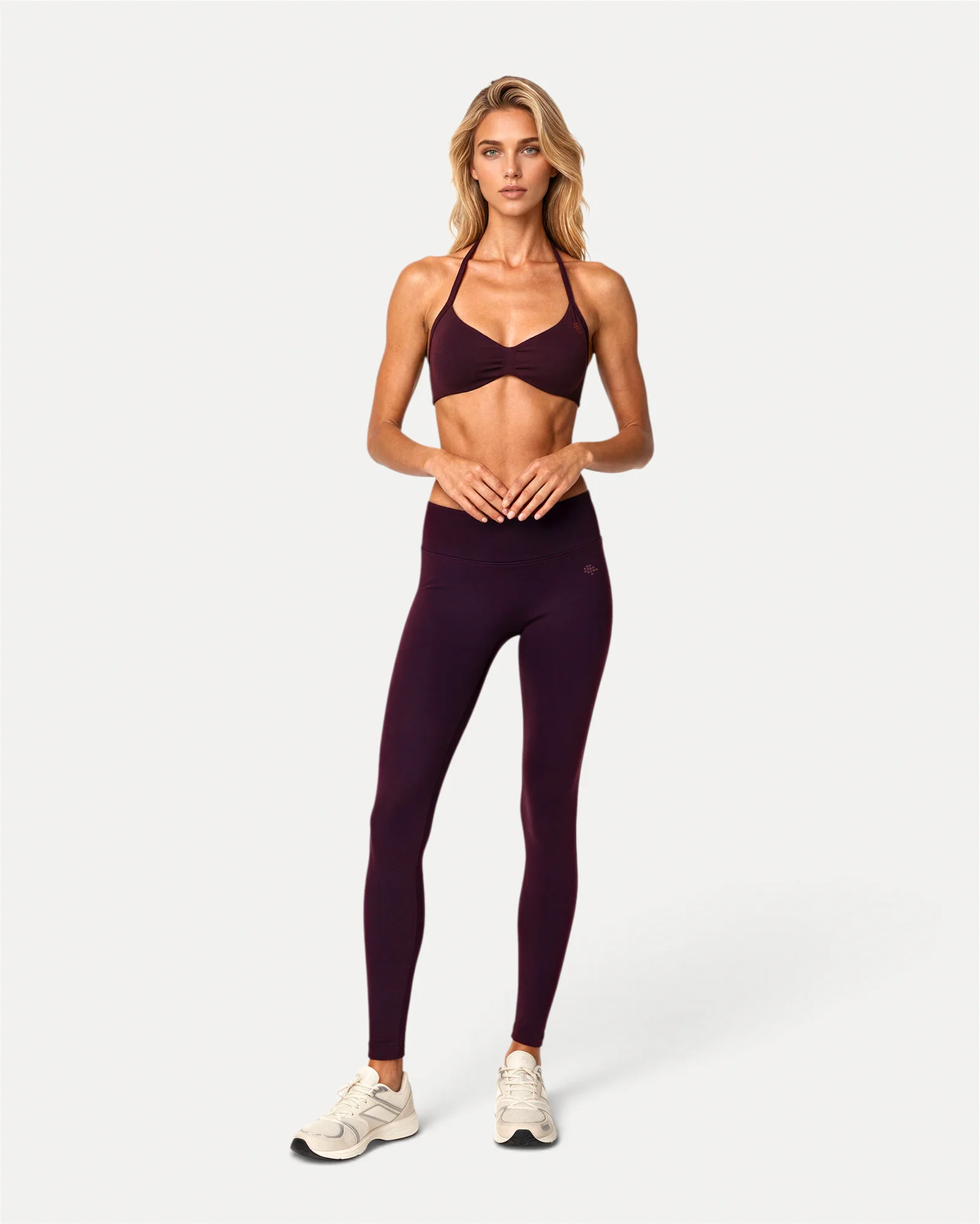 Front lifestyle view of mulberry Realfit core leggings for women
