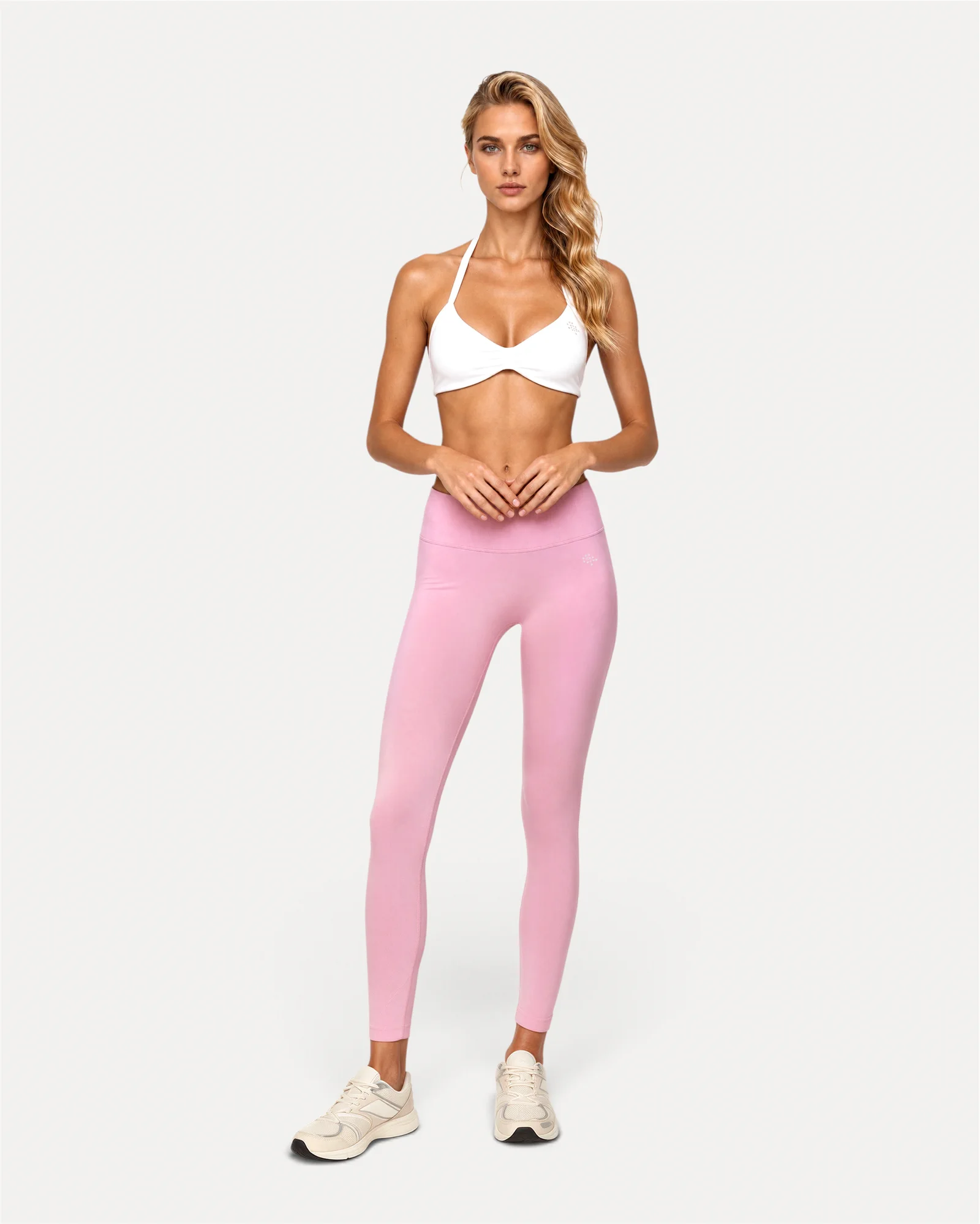 Front lifestyle view of soft pink Realfit core leggings for women