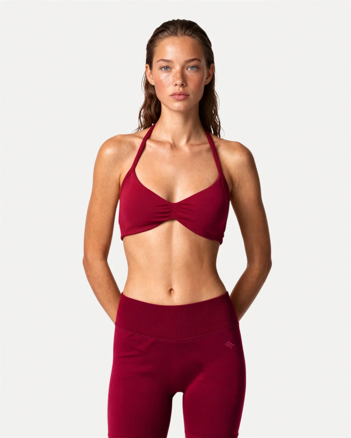 Front view of crimson Realfit ruched bra for women