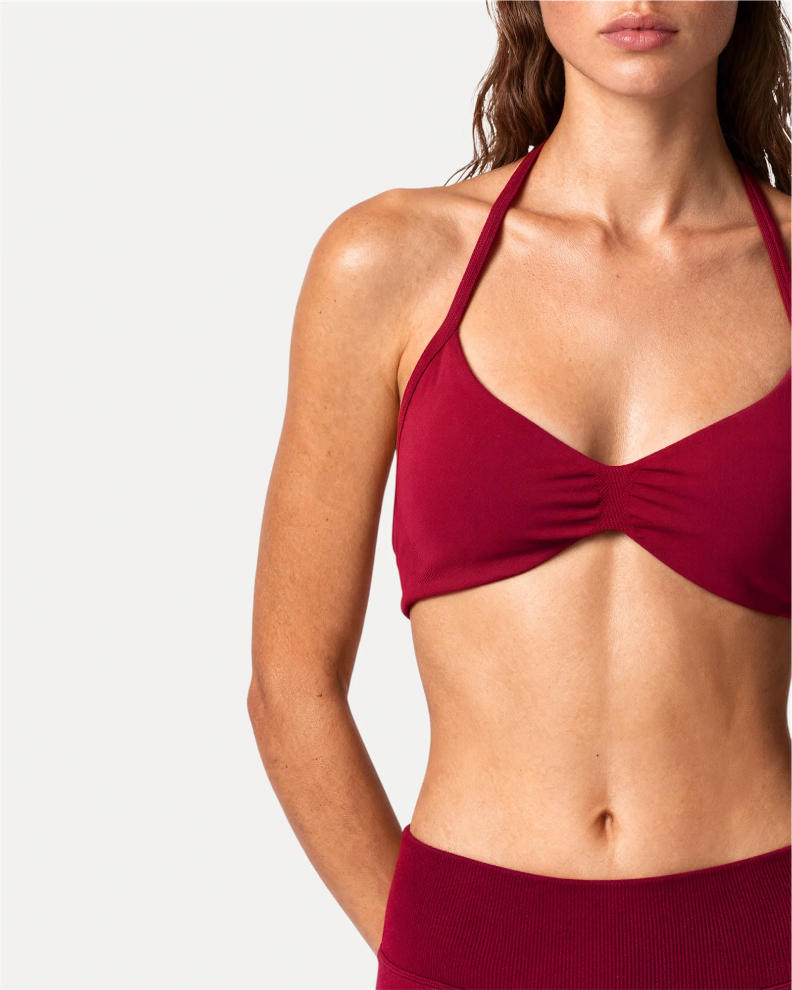 Front close view of crimson Realfit ruched bra for women