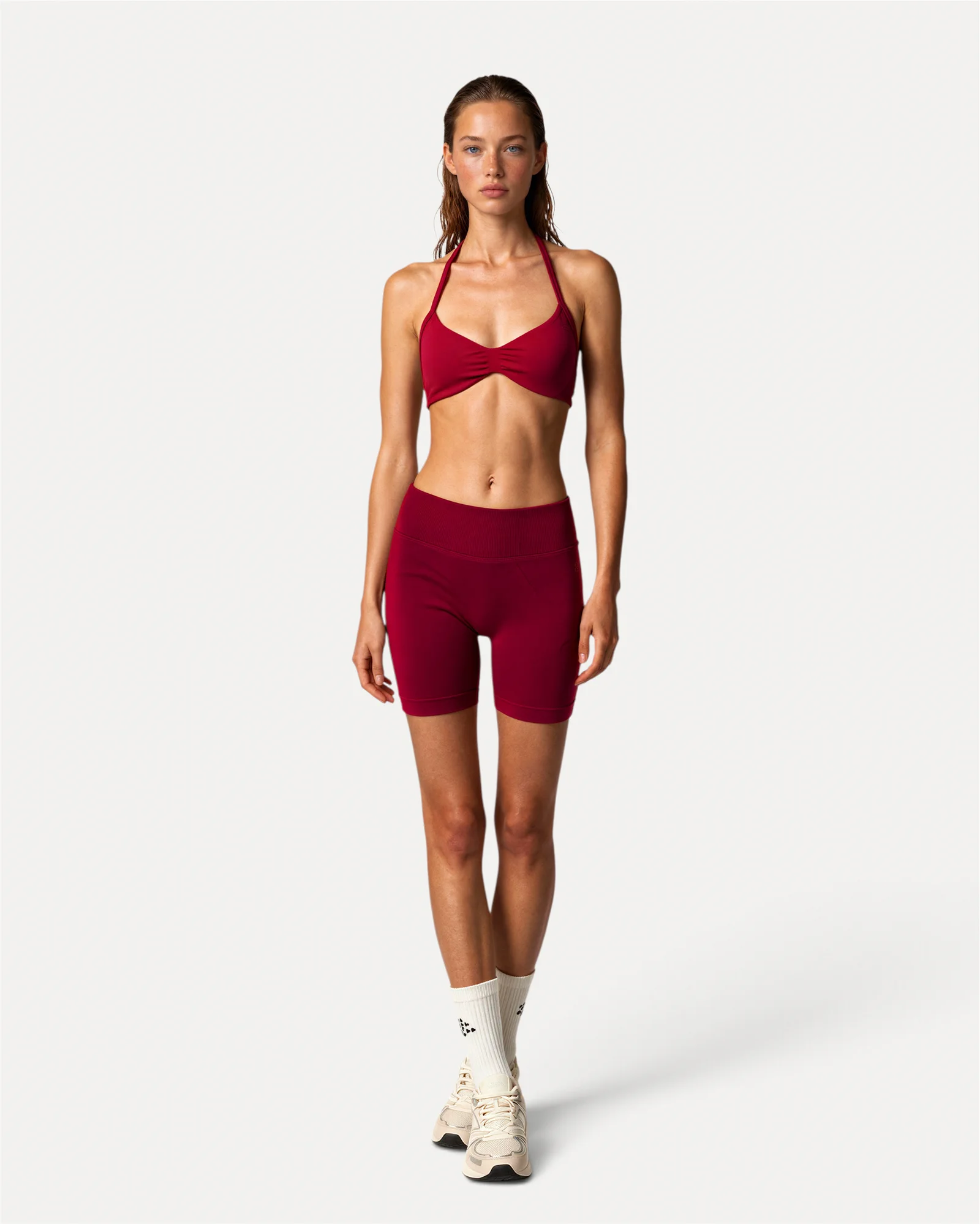 Front lifestyle view of crimson Realfit ruched bra for women