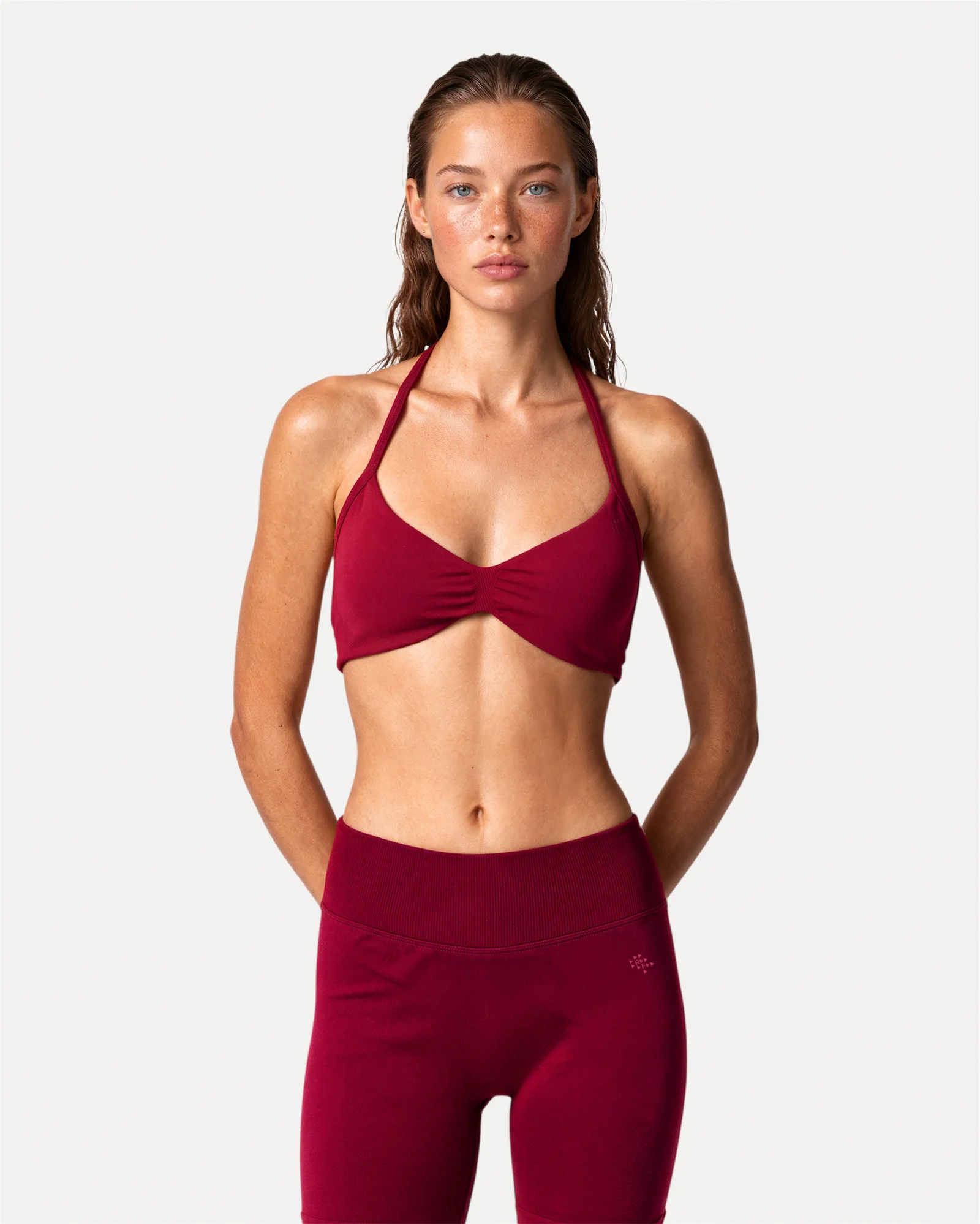 Front view of crimson Realfit ruched bra for women