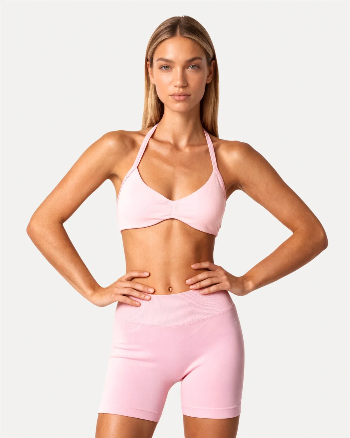 Front view of soft pink Realfit ruched bra for women