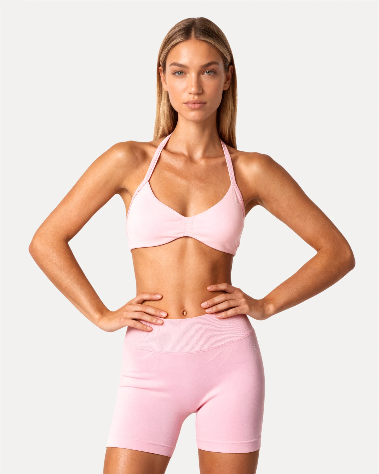 Front view of soft pink Realfit ruched bra for women