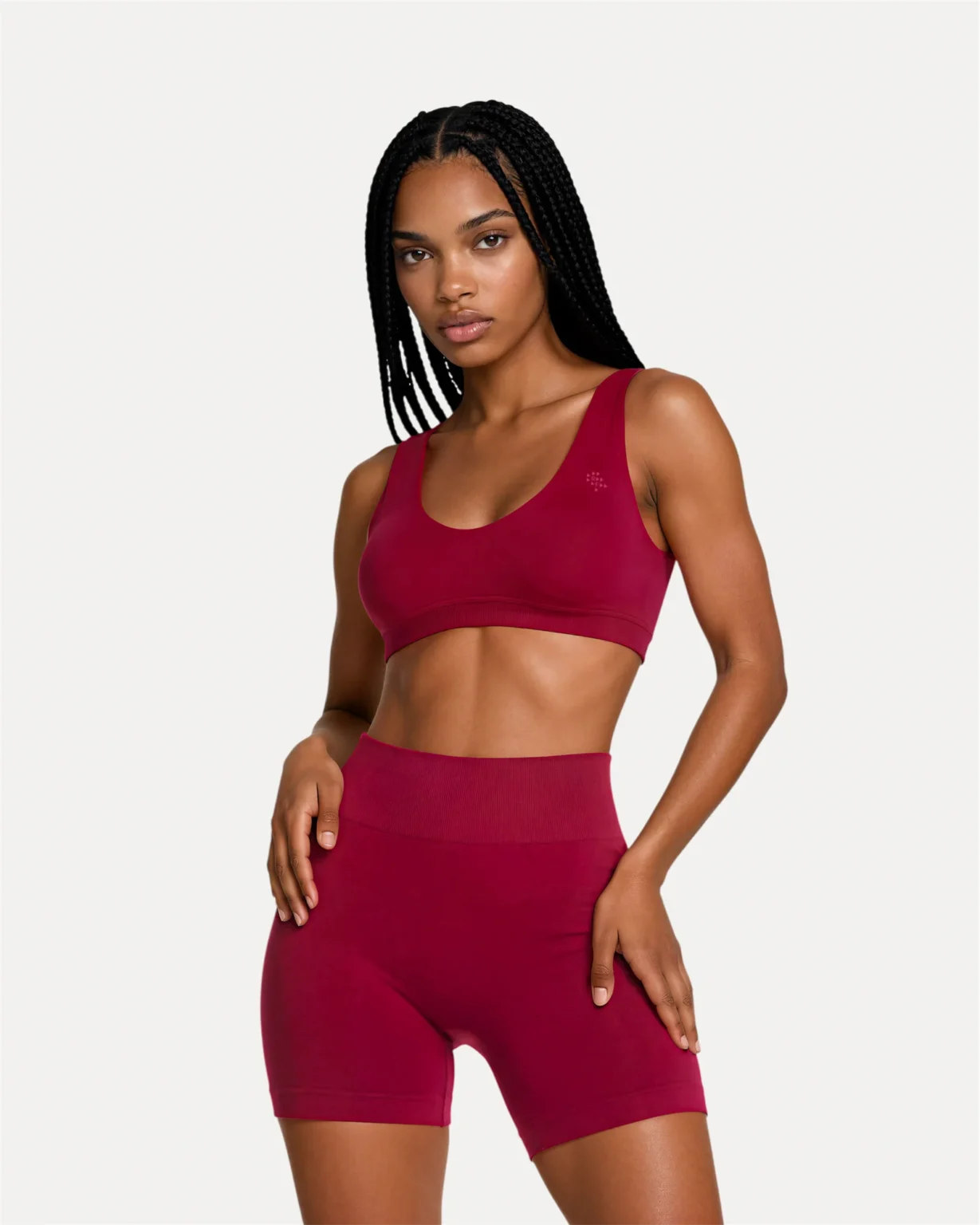 Front view of crimson Realfit scoop bra for women