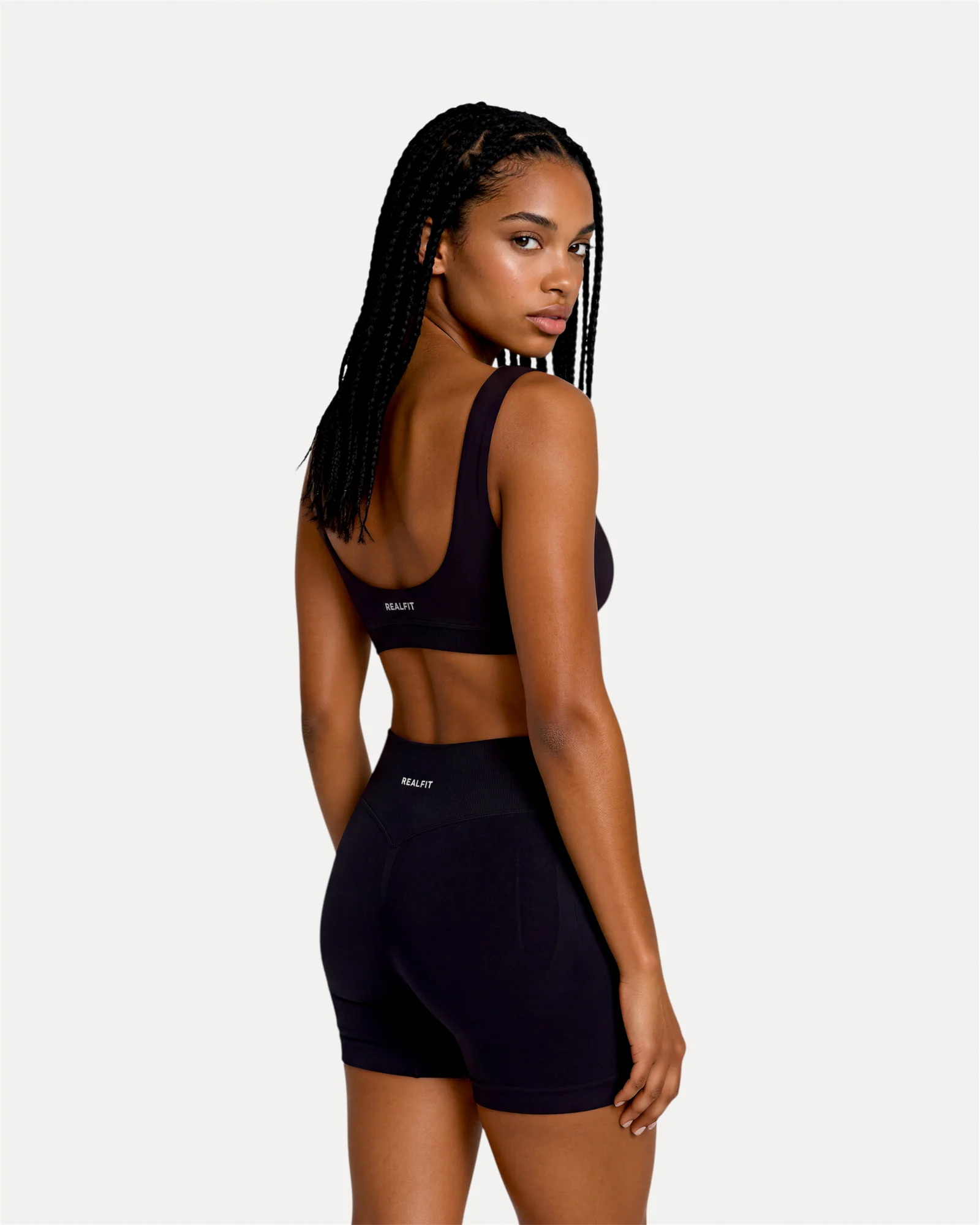 Back view of midnight black Realfit scoop bra for women