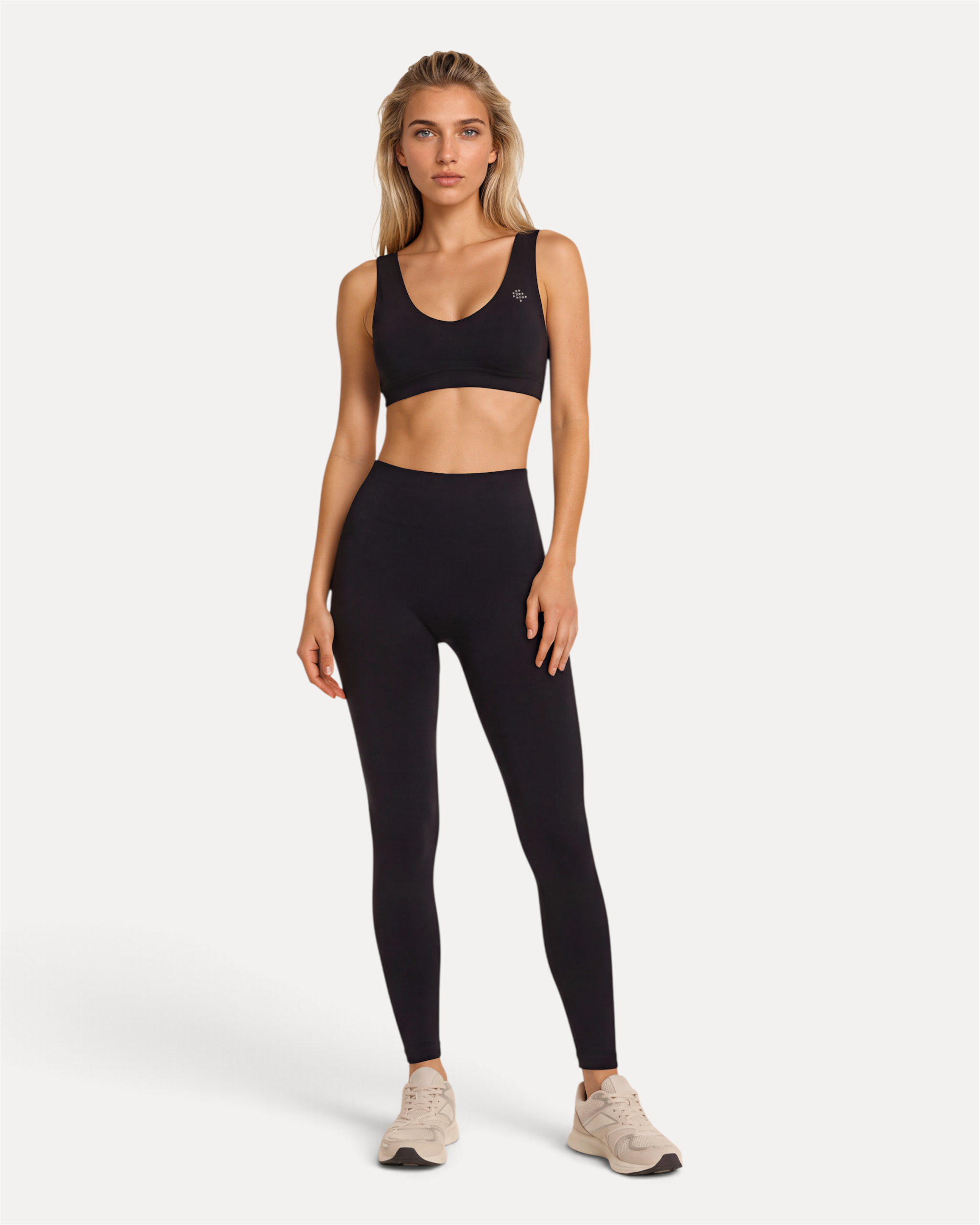 Front lifestyle view of midnight black Realfit scoop bra for women