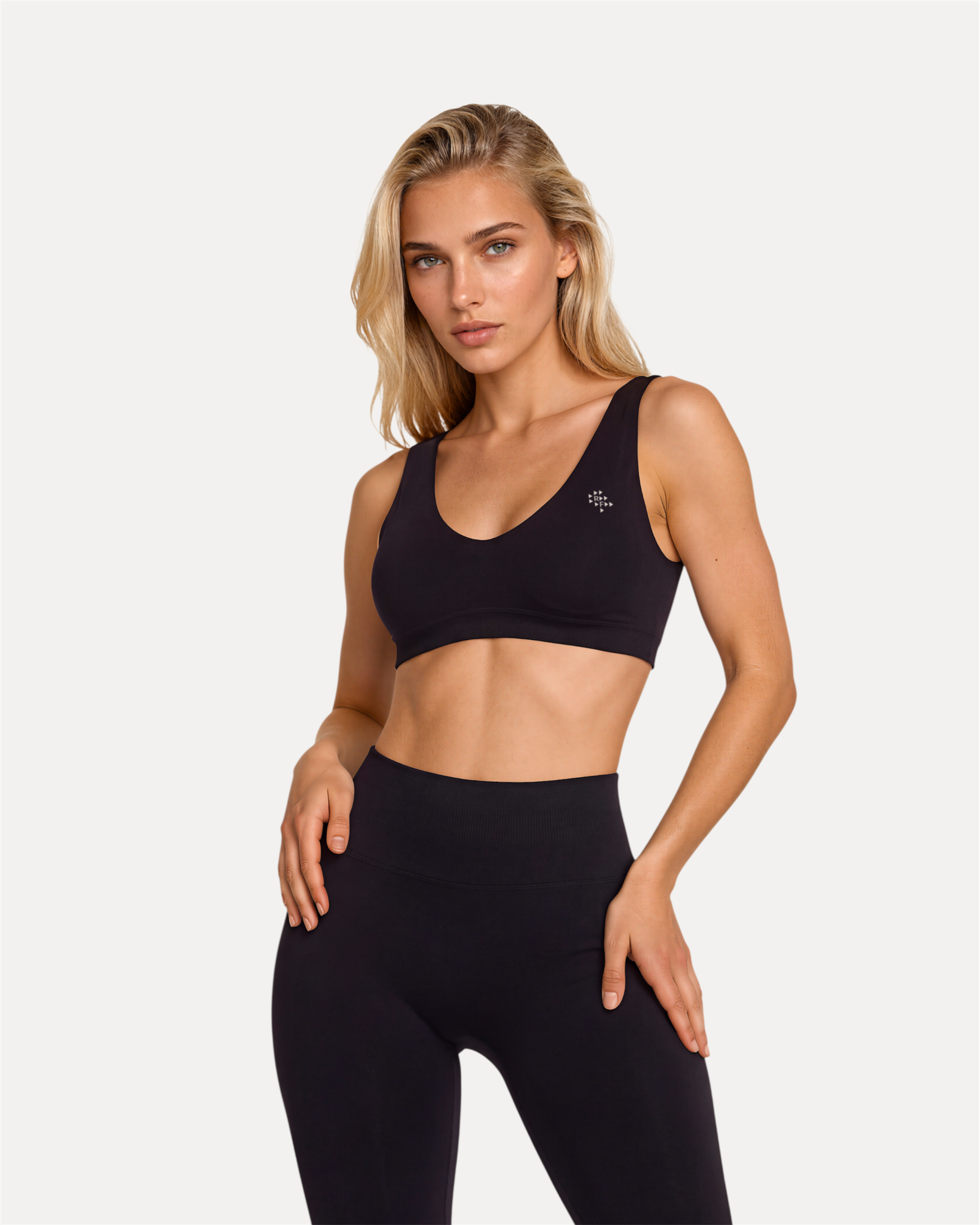 Front view of midnight black Realfit scoop bra for women