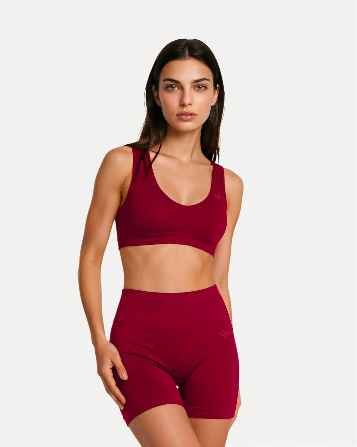 Front view of crimson Realfit core shorts for women