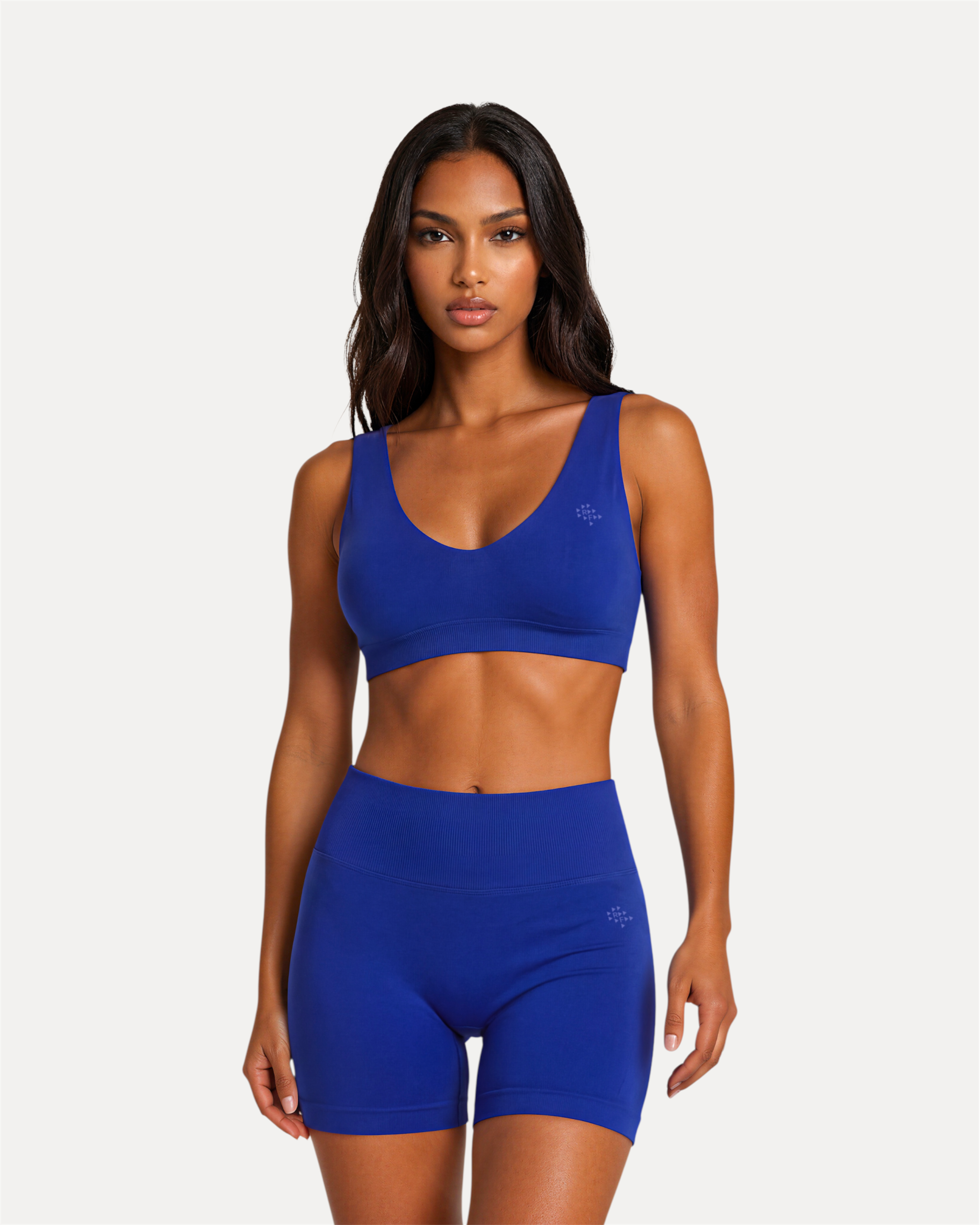 Front view of deep blue Realfit core shorts for women