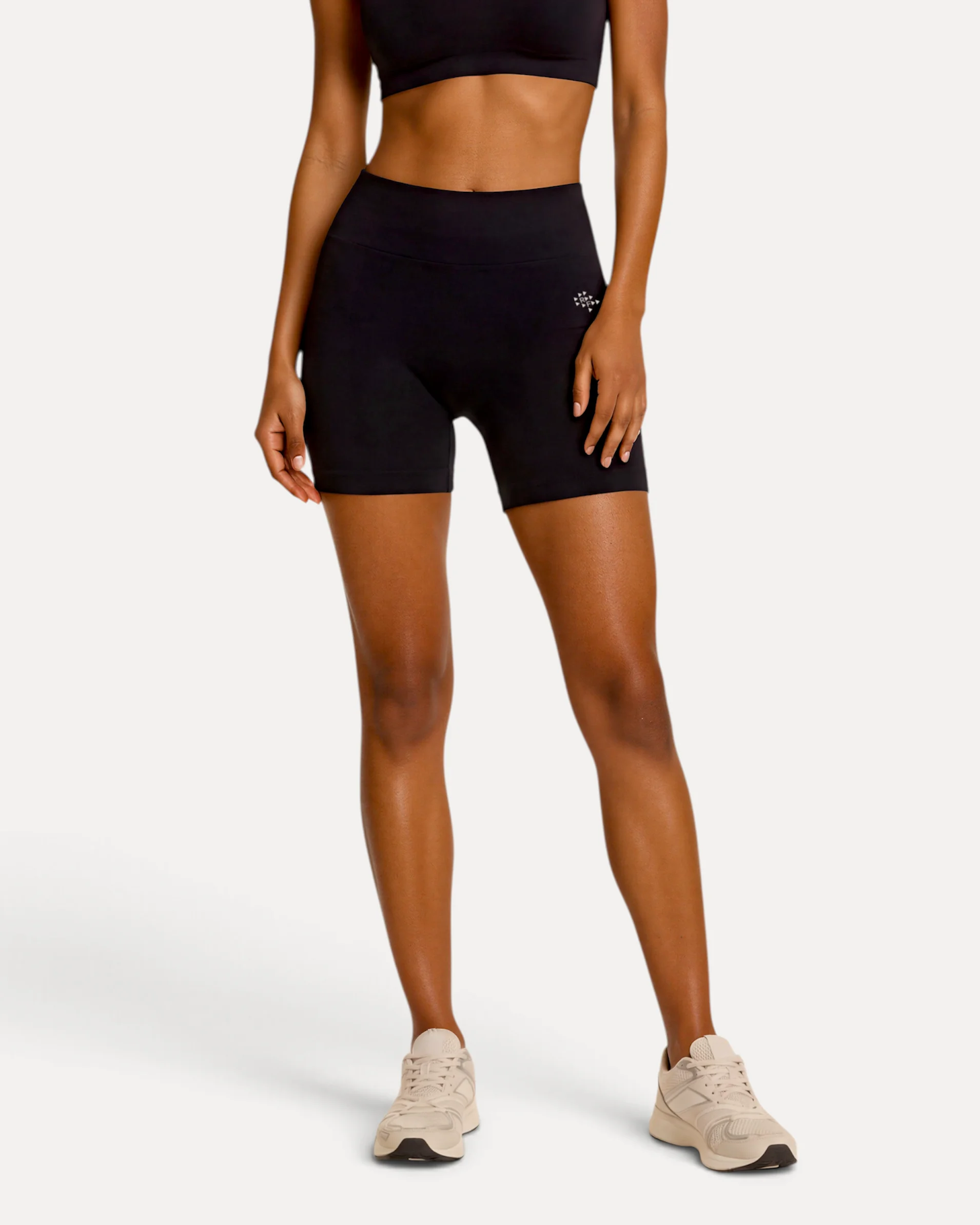 Front view of midnight black Realfit core shorts for women