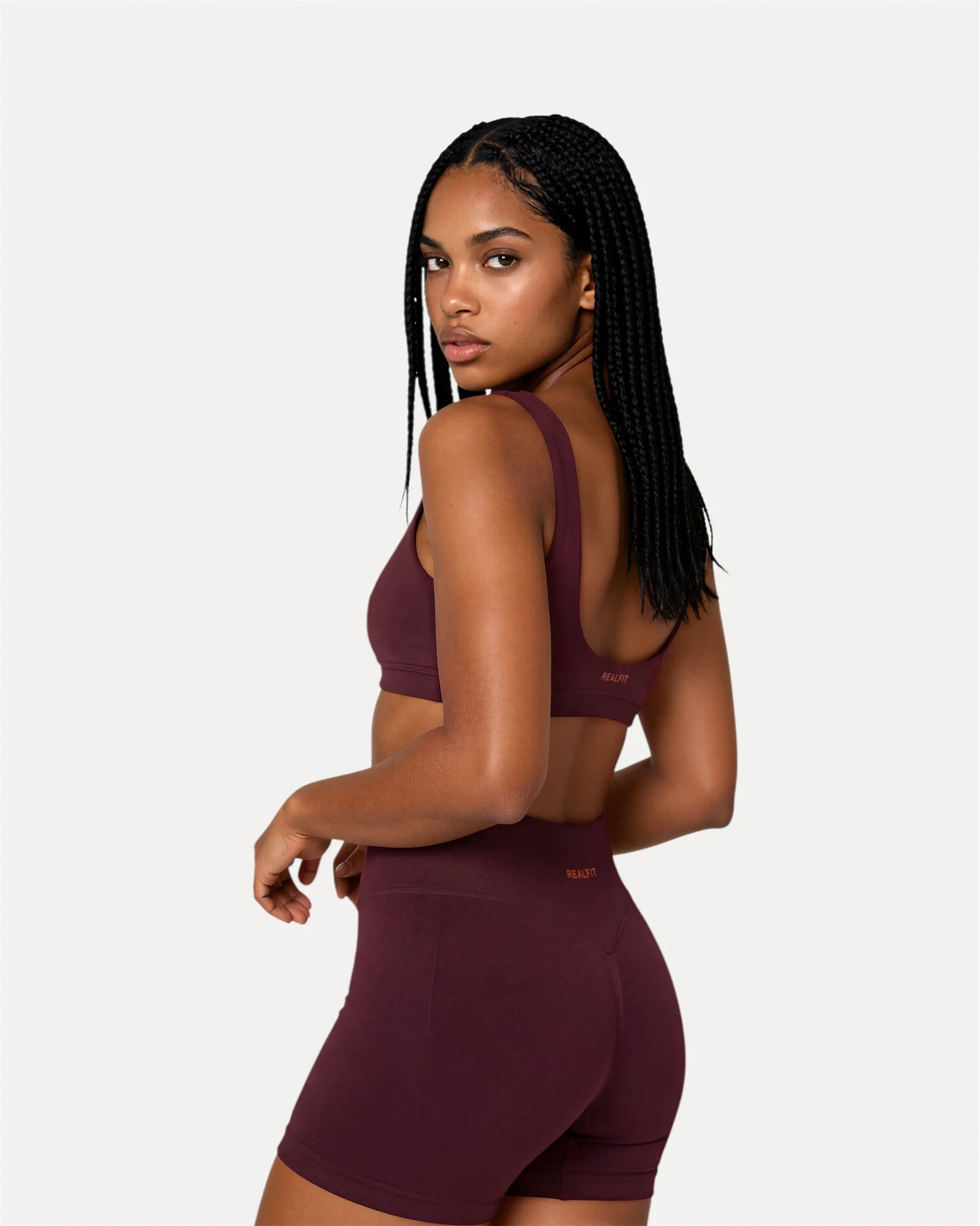 Side view of mulberry Realfit core shorts for women