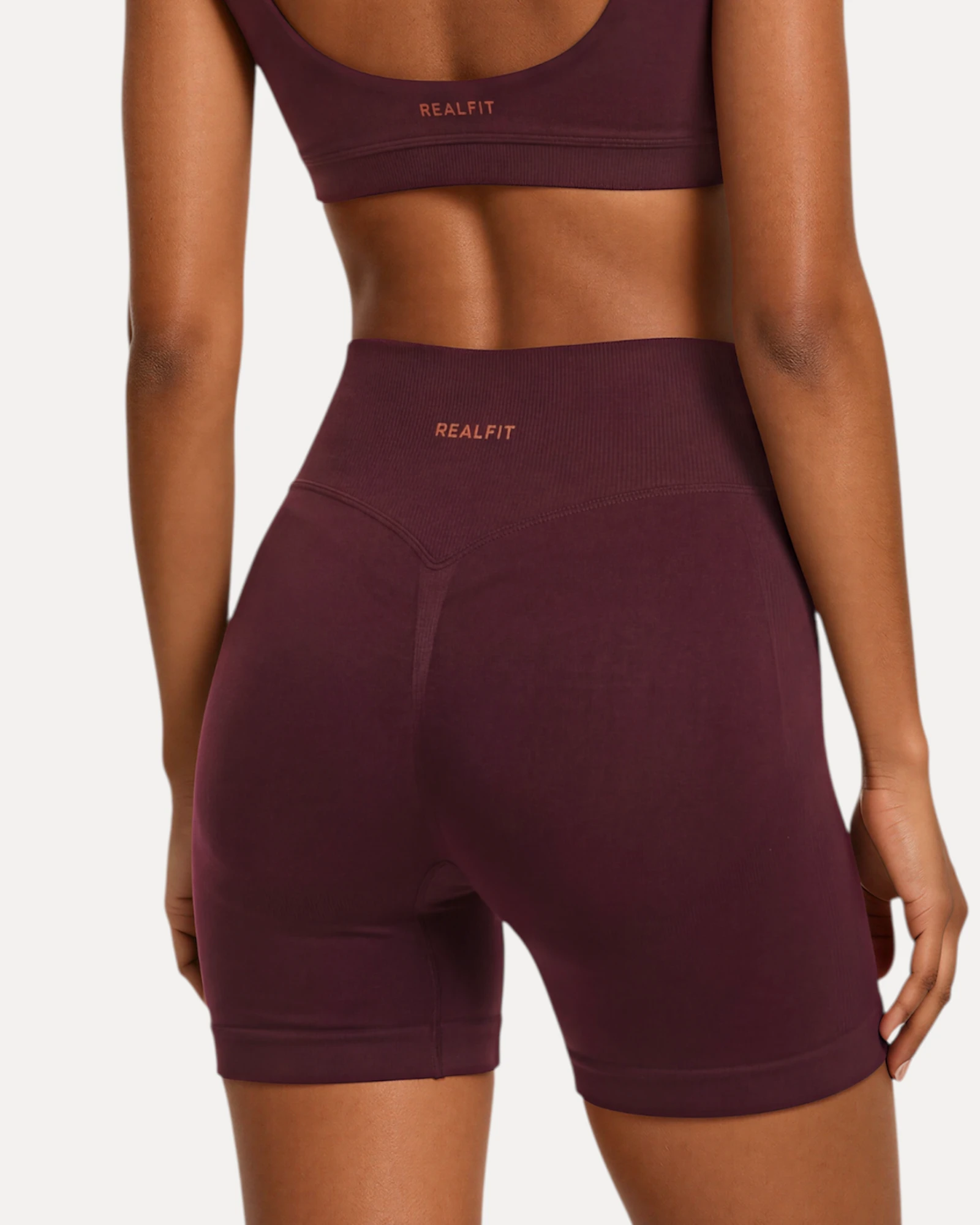 Back closeup view of mulberry Realfit core shorts for women