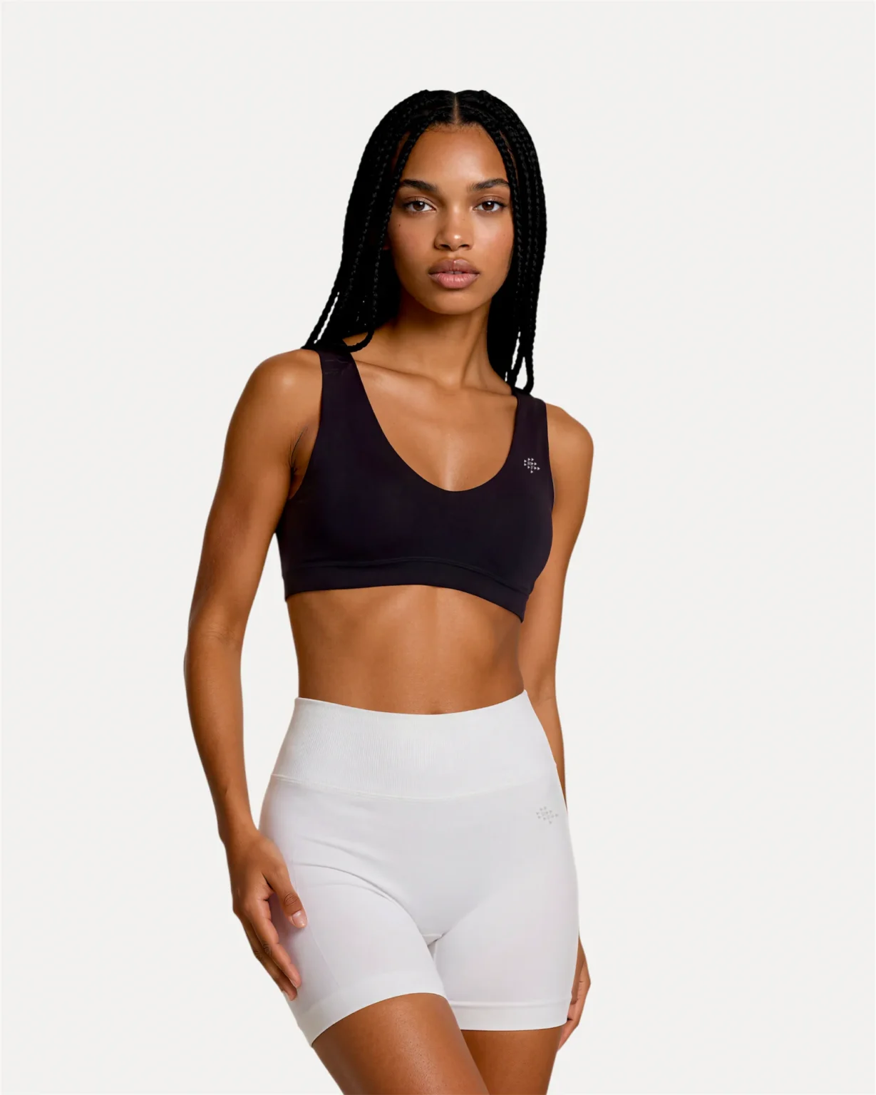 Front view of optic white Realfit core shorts for women