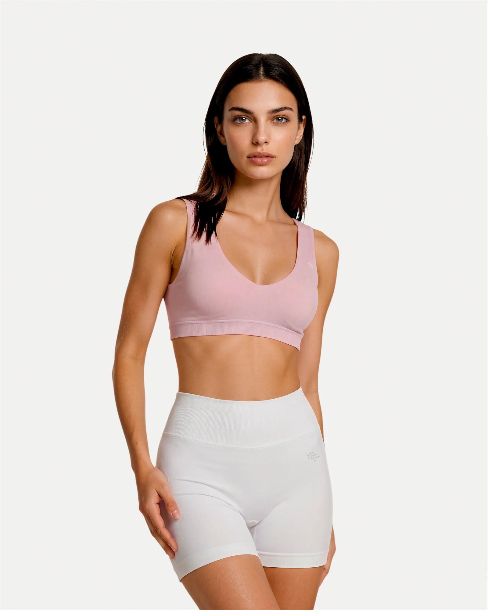 Front view of optic white Realfit core shorts for women