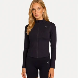 Front view of midnight black Realfit lightweight zip jacket for women