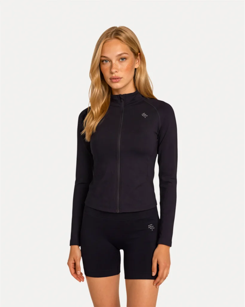 Front view of midnight black Realfit lightweight zip jacket for women