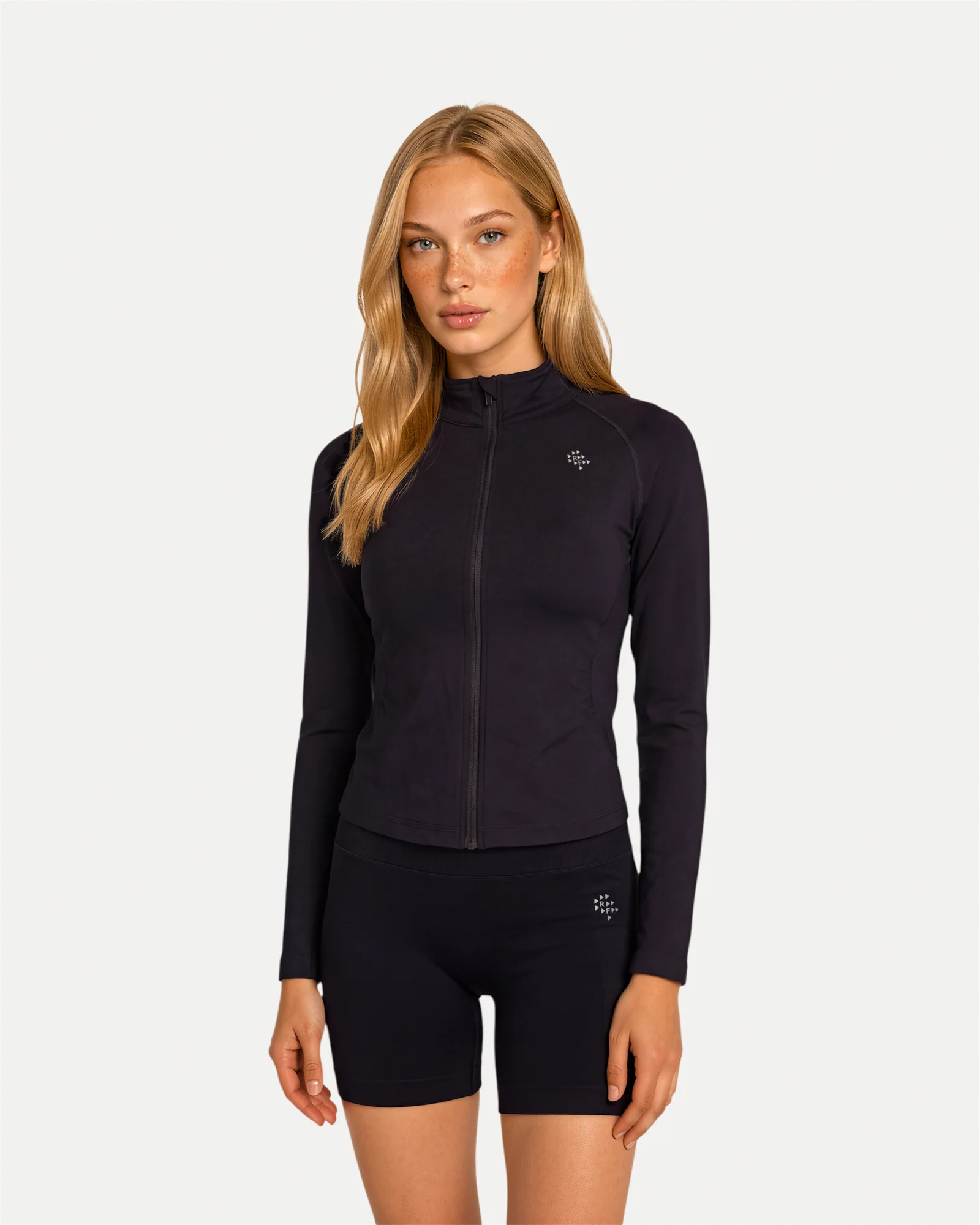 Front view of midnight black Realfit lightweight zip jacket for women
