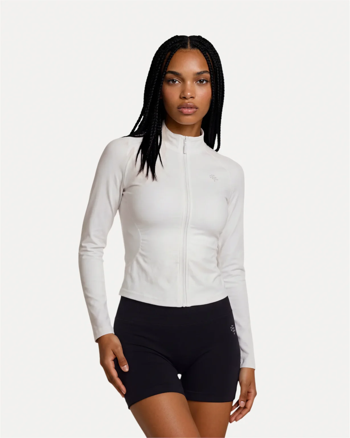 Front view of optic white Realfit lightweight zip jacket for women