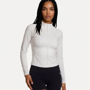 Front view of optic white Realfit lightweight zip jacket for women