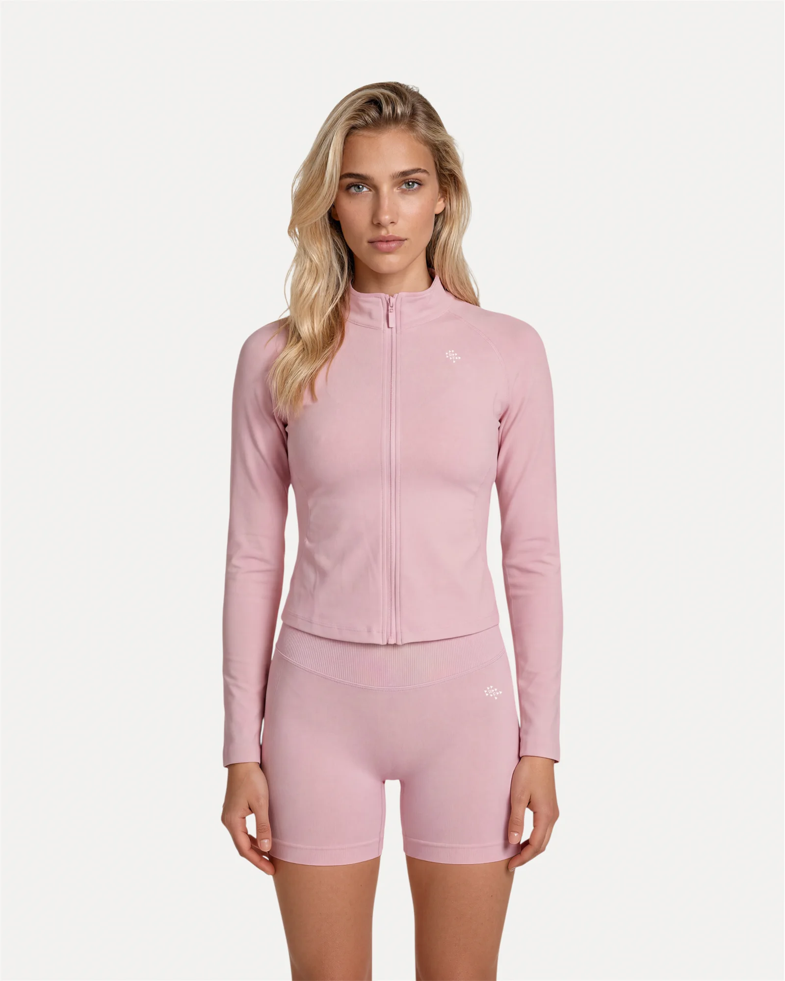 Front view of soft pink Realfit lightweight zip jacket for women