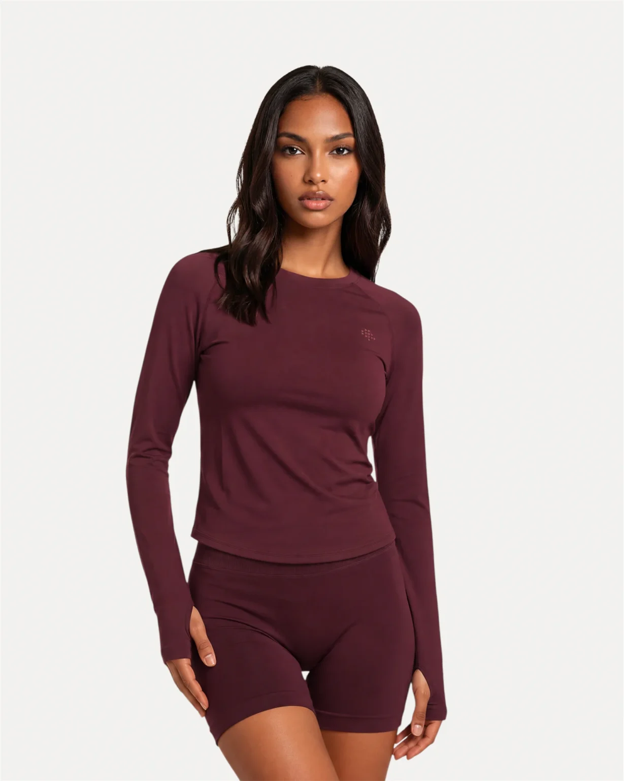 Front view of mulberry Realfit long sleeve top for women