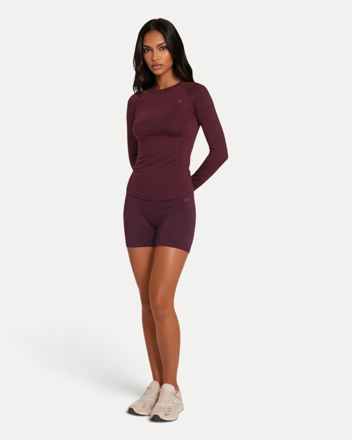Front lifetyle view of mulberry Realfit long sleeve top for women