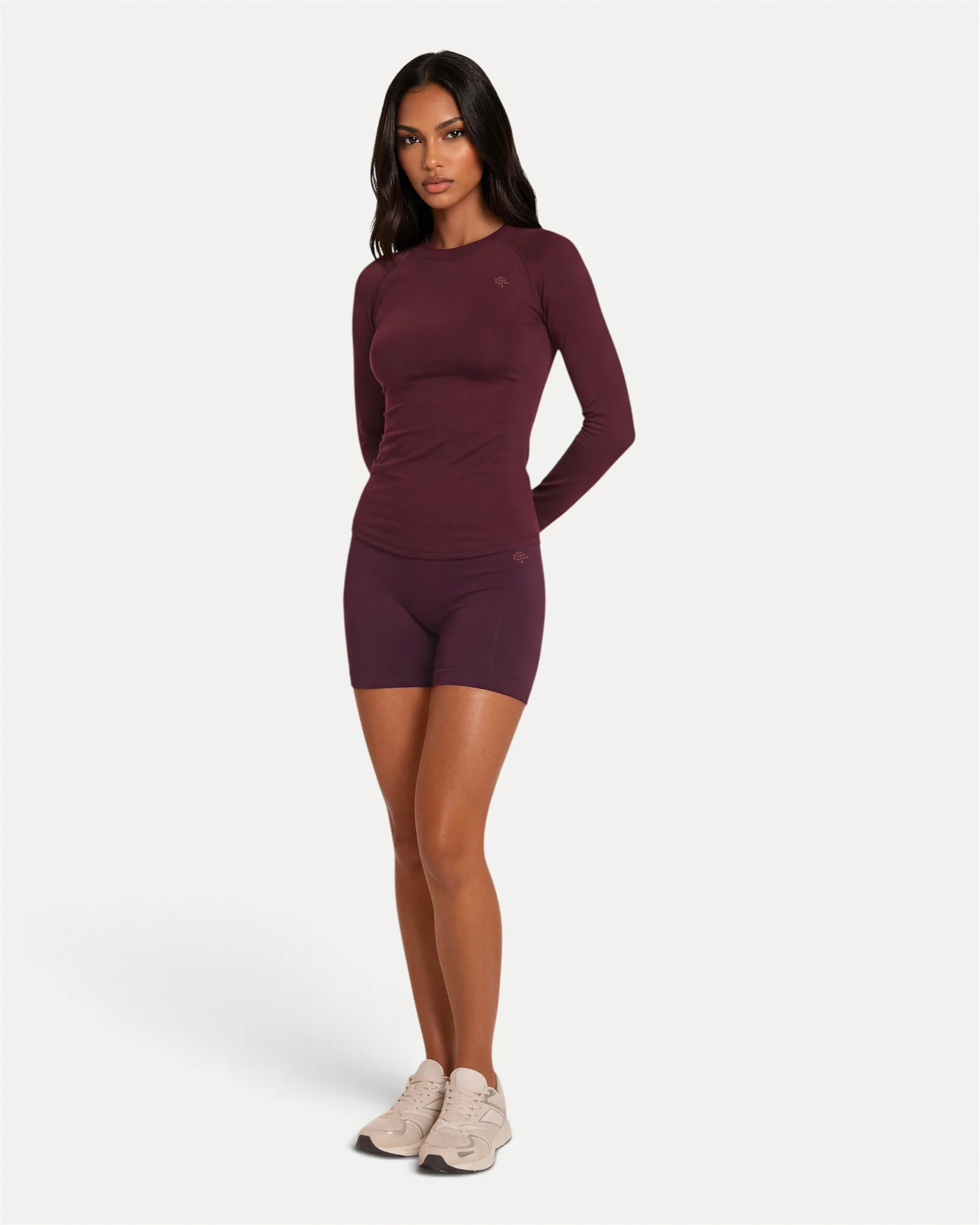 Front lifetyle view of mulberry Realfit long sleeve top for women