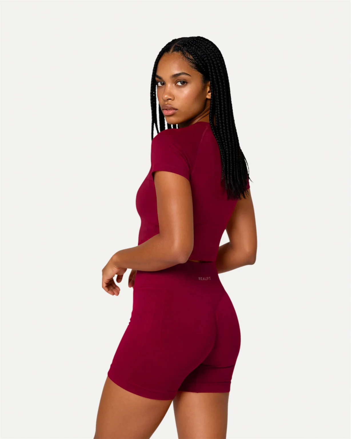 back angled view of crimson Realfit short-sleeve top for women