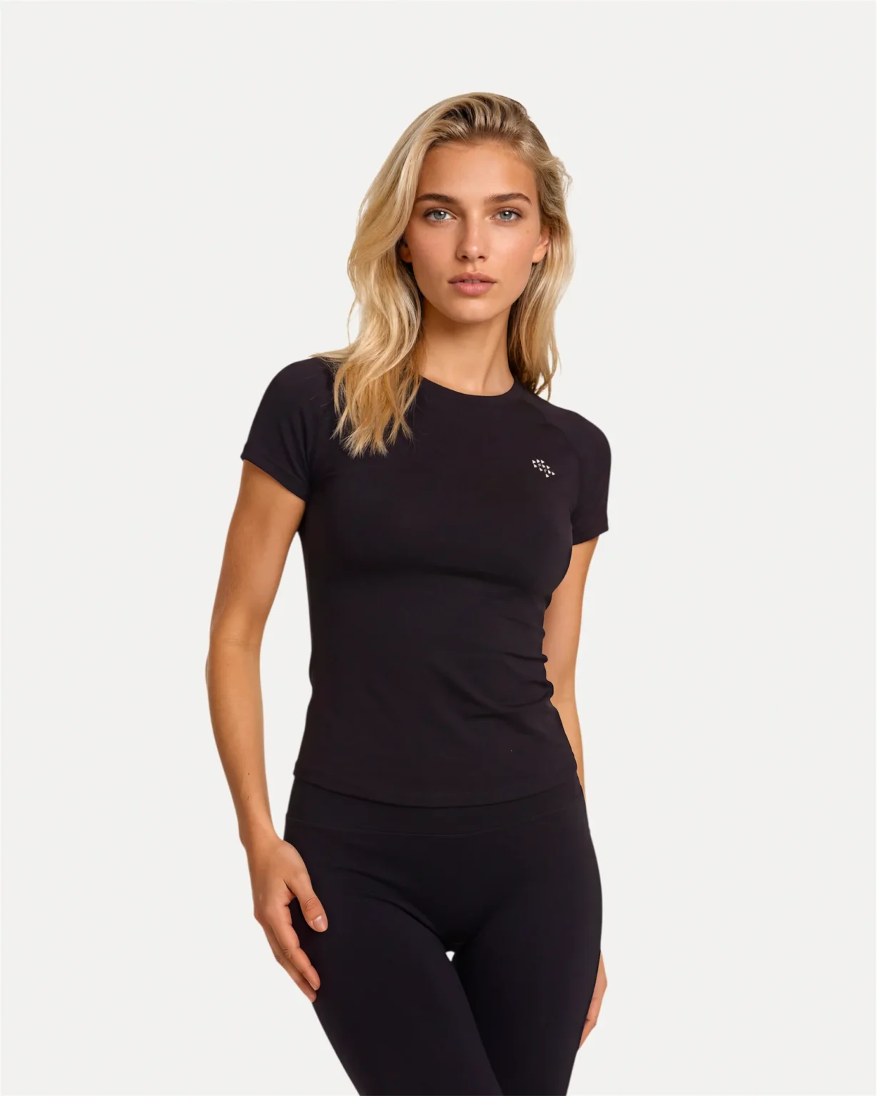 Front view of black Realfit short-sleeve top for women