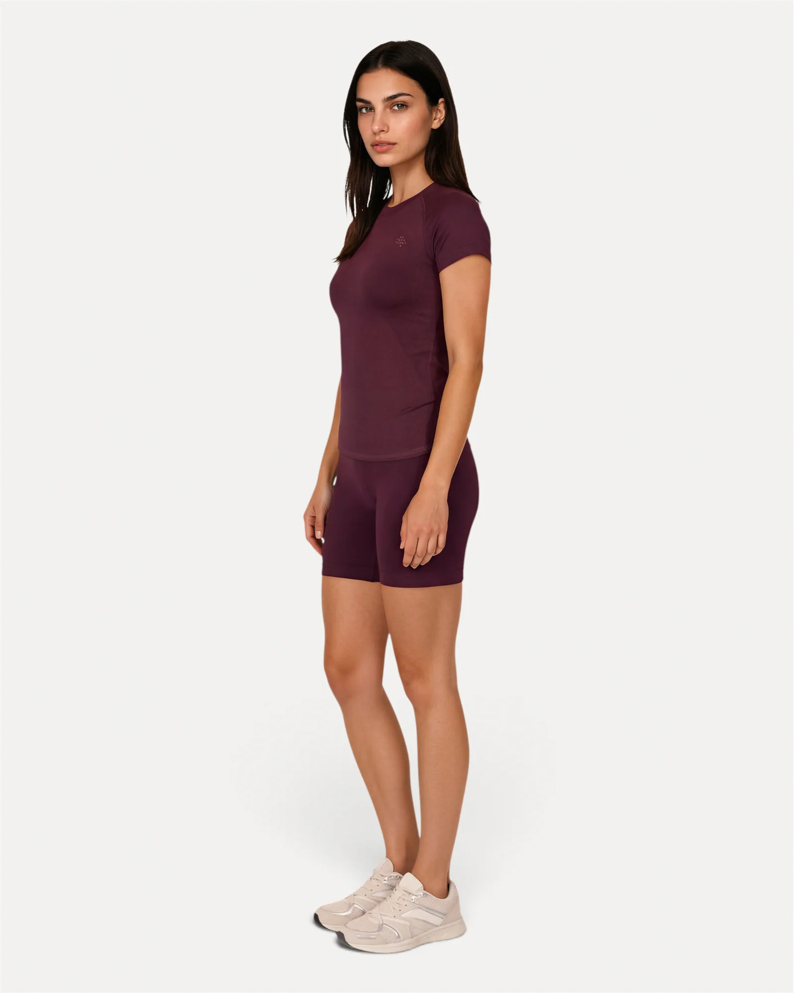 Front lifestyle view of mulberry Realfit short-sleeve top for women
